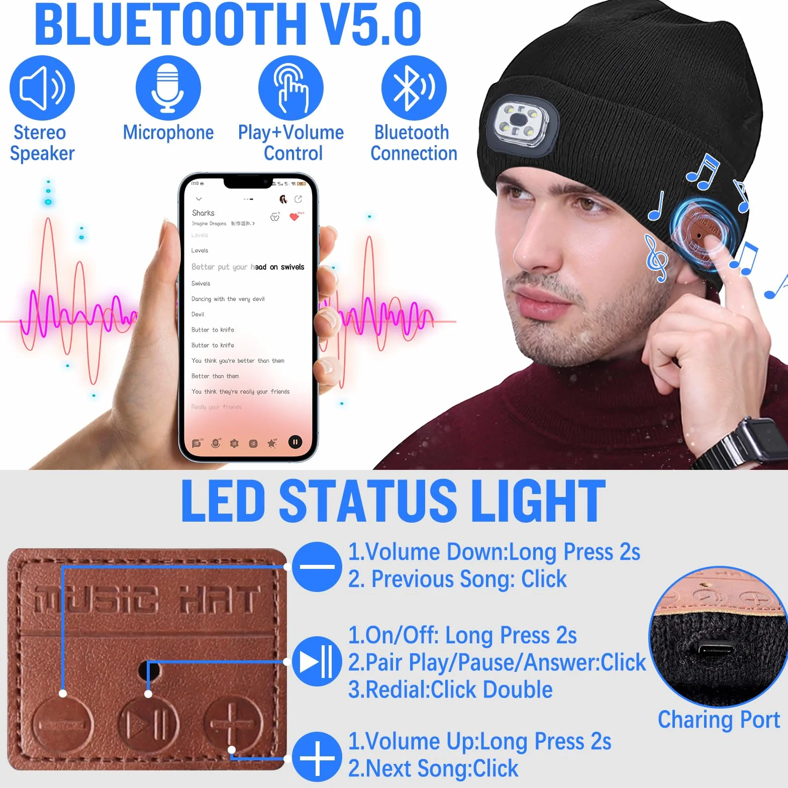 QKTYB Bezprzewodowa czapka zimowa Bluetooth z rękawiczkami z ekranem dotykowym LED reflektor V5.0 USB ładowalna czapka muzyczna nadaje się do prania dla mężczyzn kobiet bieganie narciarstwo turystyka kemping jazda na rowerze