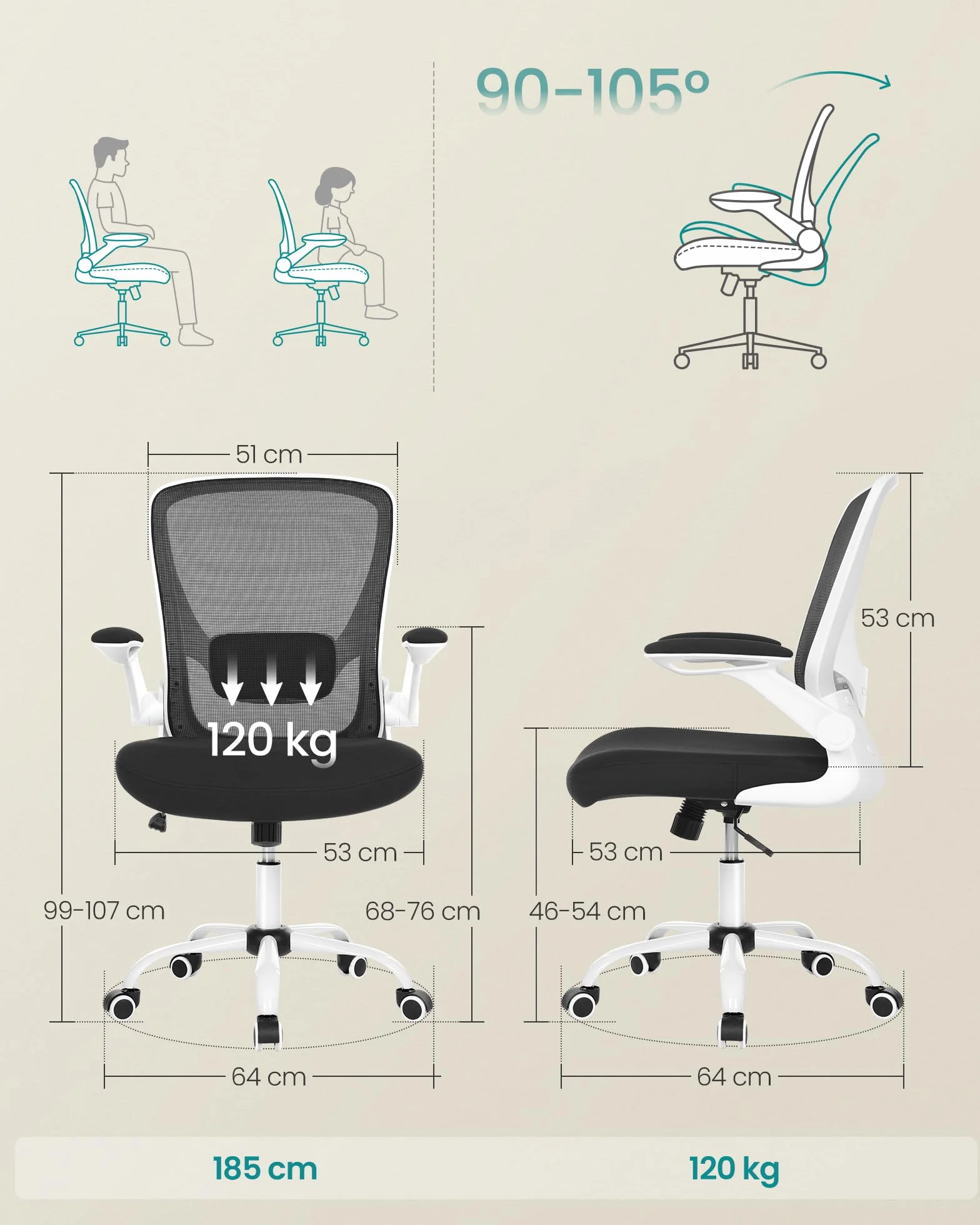 SONGMICS ergonomiczne krzesło biurowe obrotowe z siatką, podparcie lędźwiowe, funkcja bujaka, siedzisko 53 cm, składane podłokietniki, czarno-biały OBN37WTV2