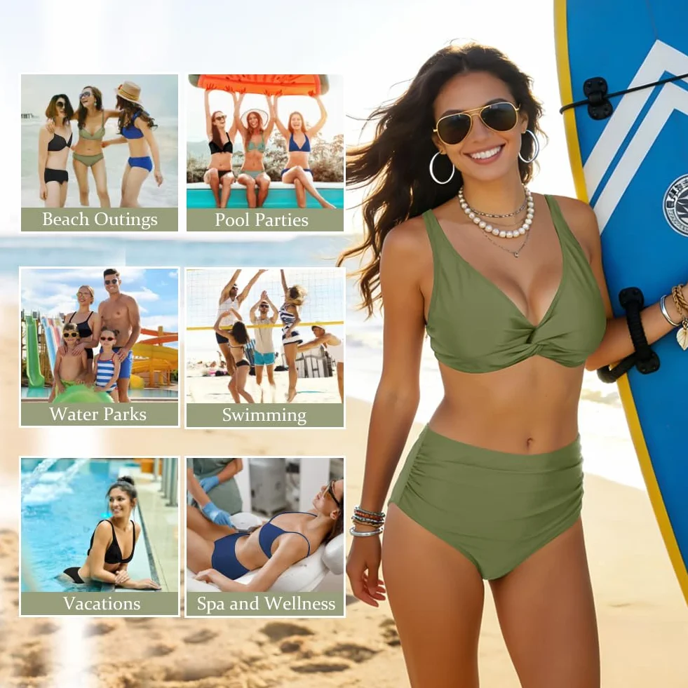 Damski zestaw bikini z wysokim stanem, stroje kąpielowe Twist Front, dekolt w serek, wyściełane dwuczęściowe stroje kąpielowe, kontrola brzucha, marszczone kostiumy kąpielowe, seksowne ubrania