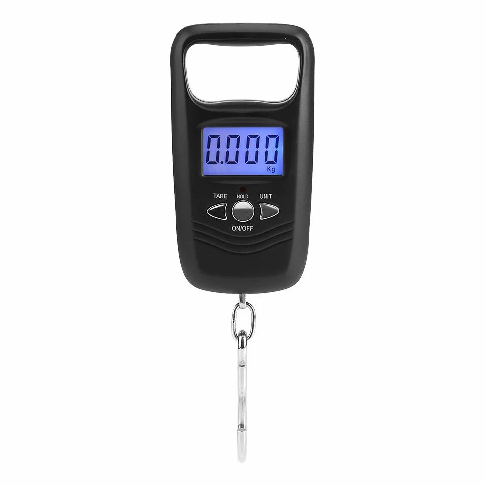 Waga bagażowa, 50 kg, cyfrowa waga wisząca, LCD, elektroniczna waga kieszonkowa z podświetleniem, do podróży, rodzinnych zakupów, wędkowania i innych aktywności na świeżym powietrzu (czarna)