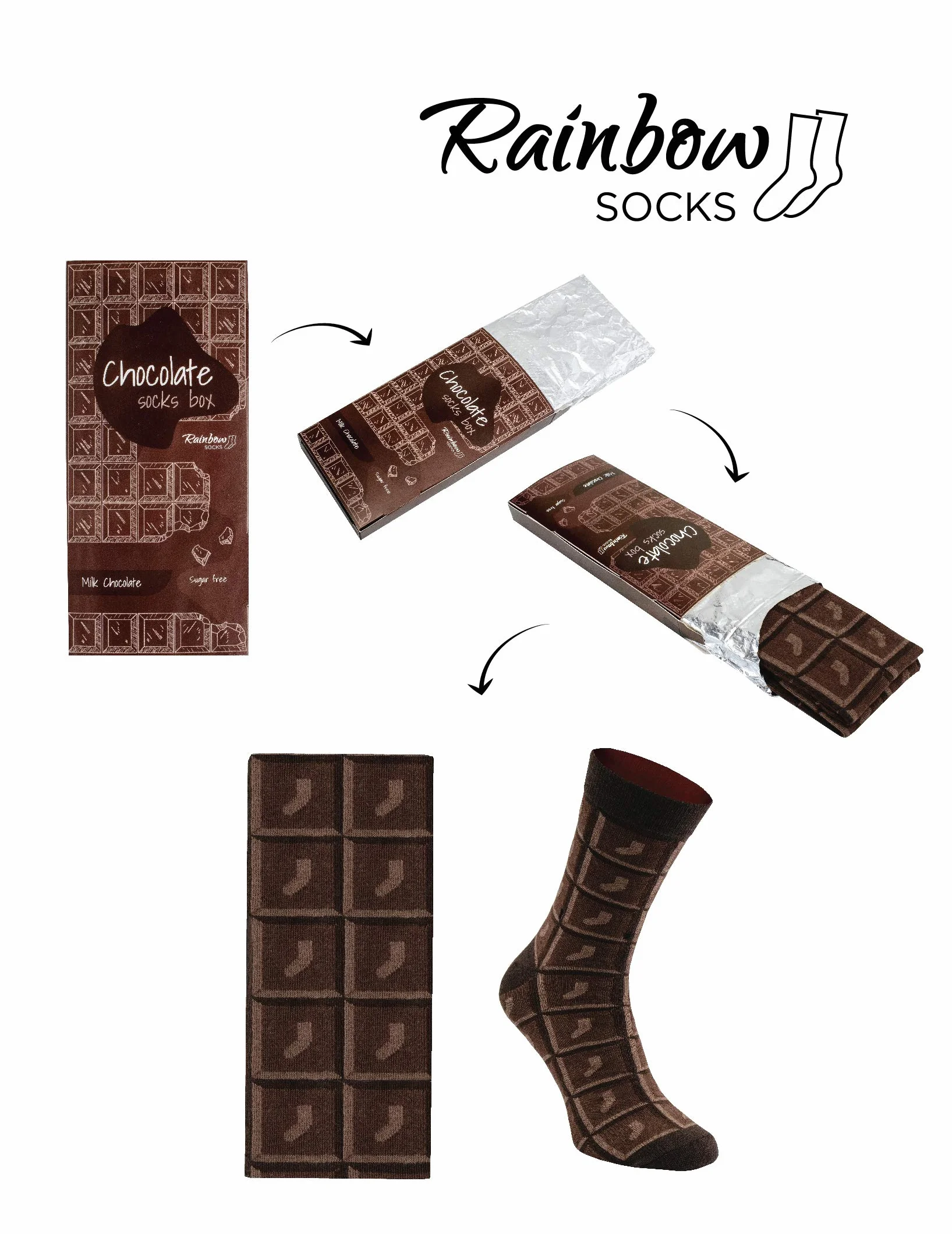 Rainbow Socks - Kobieta Mężczyzna Śmieszne SKarpetki Czekolada Prezent - 1 Para - Mleczna Czekolada - Rozmiar 41-46