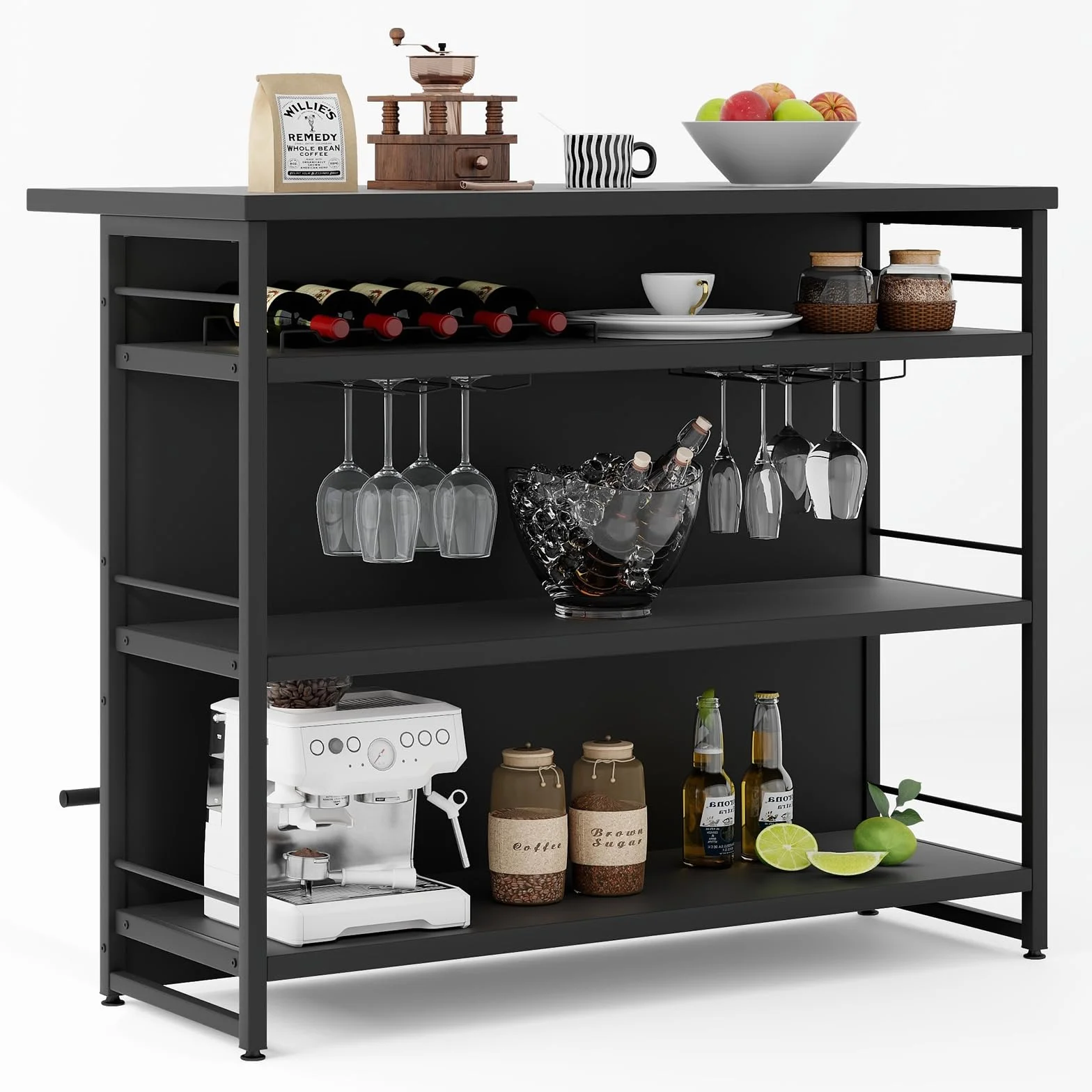 COSTWAY Domowy bar z 4 półkami, regał na wino z uchwytem na kieliszki, 120x60x101 cm, czarny