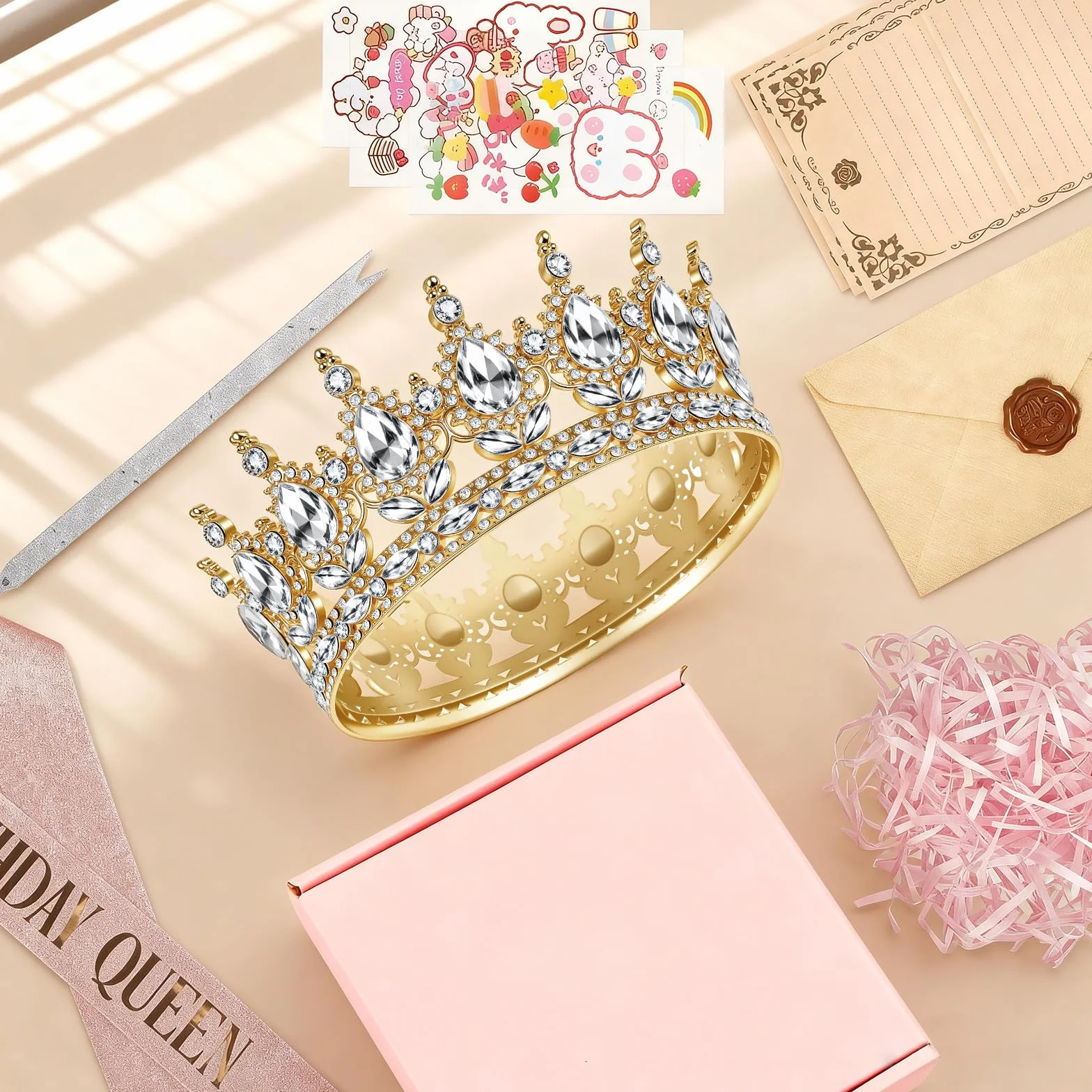 Pełna okrągła tiara dla dziewczynek, korona ze strasu, diadem dla panny młodej, kryształowa tiara barokowa, tiara księżniczki, z różowym pudełkiem na prezent, pasek na ramię w kolorze różowego złota