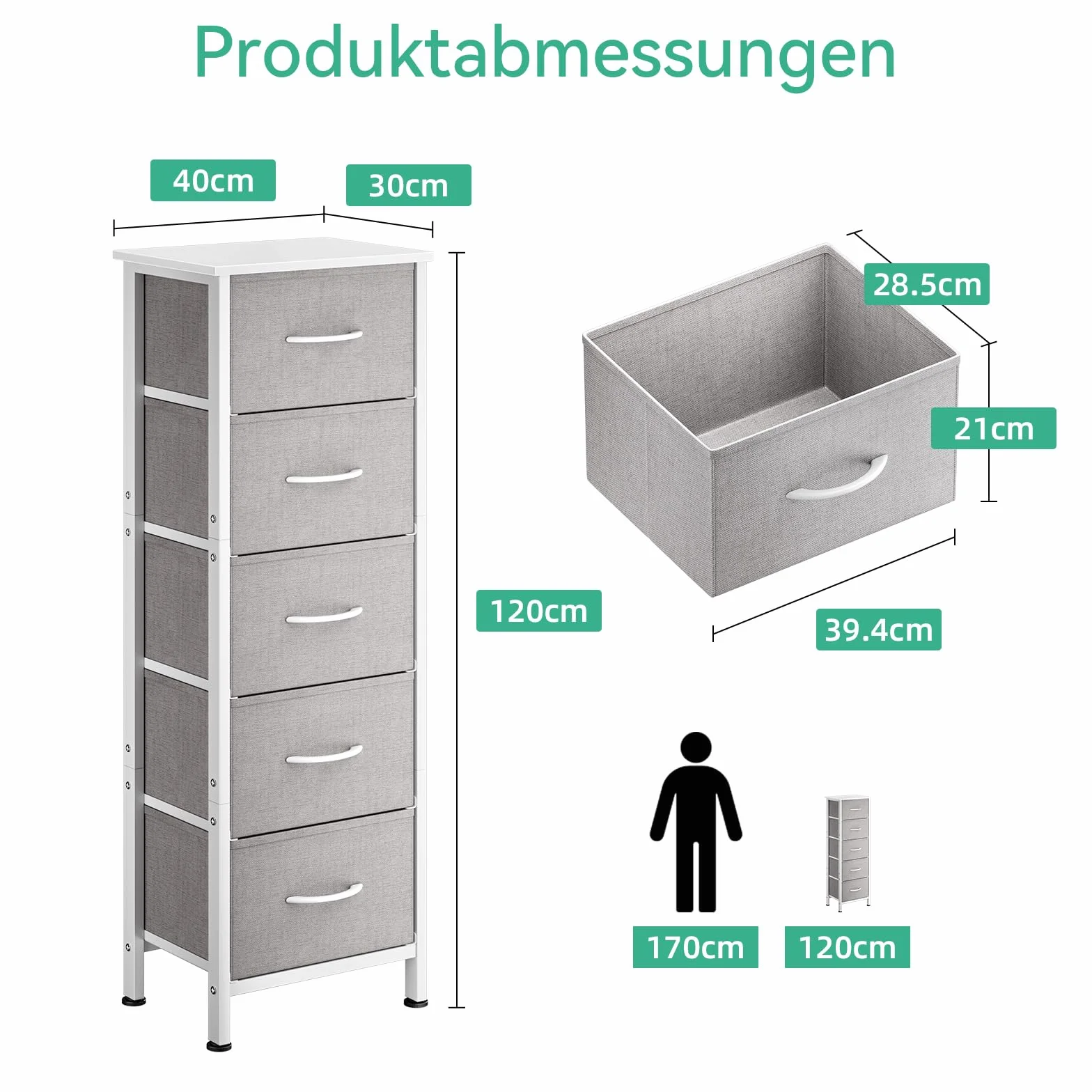 Coleshome Komoda do sypialni z 5 szufladami tkanina jasnoszara