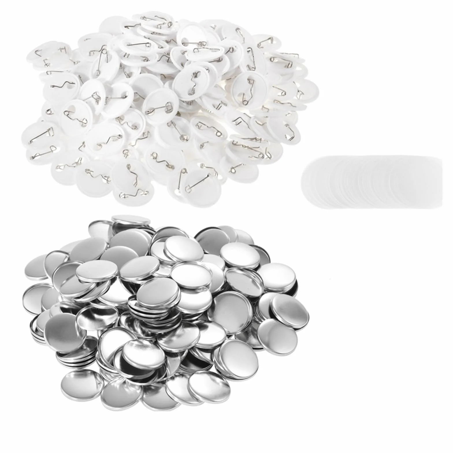 100 szt. okrągłych części do odznaki guzikowej, materiał DIY, materiały do odznak aluminiowych, górny plastikowy klips, spód i folia plastikowa Różnego przeznaczenia