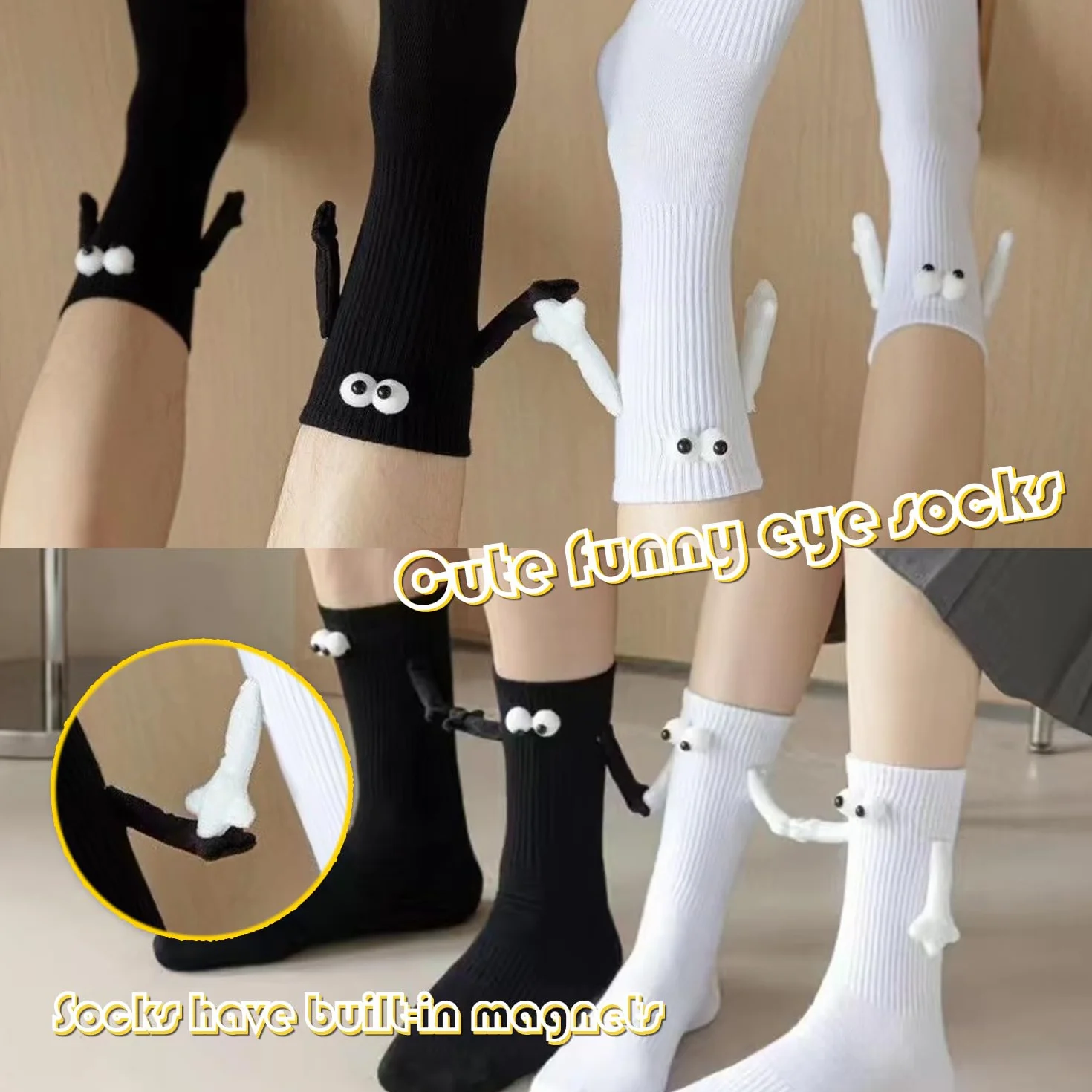2 pary magnetycznych skarpet dla par, wzór oczu 3D, zabawne kreskówki, unisex (biały+czarny)