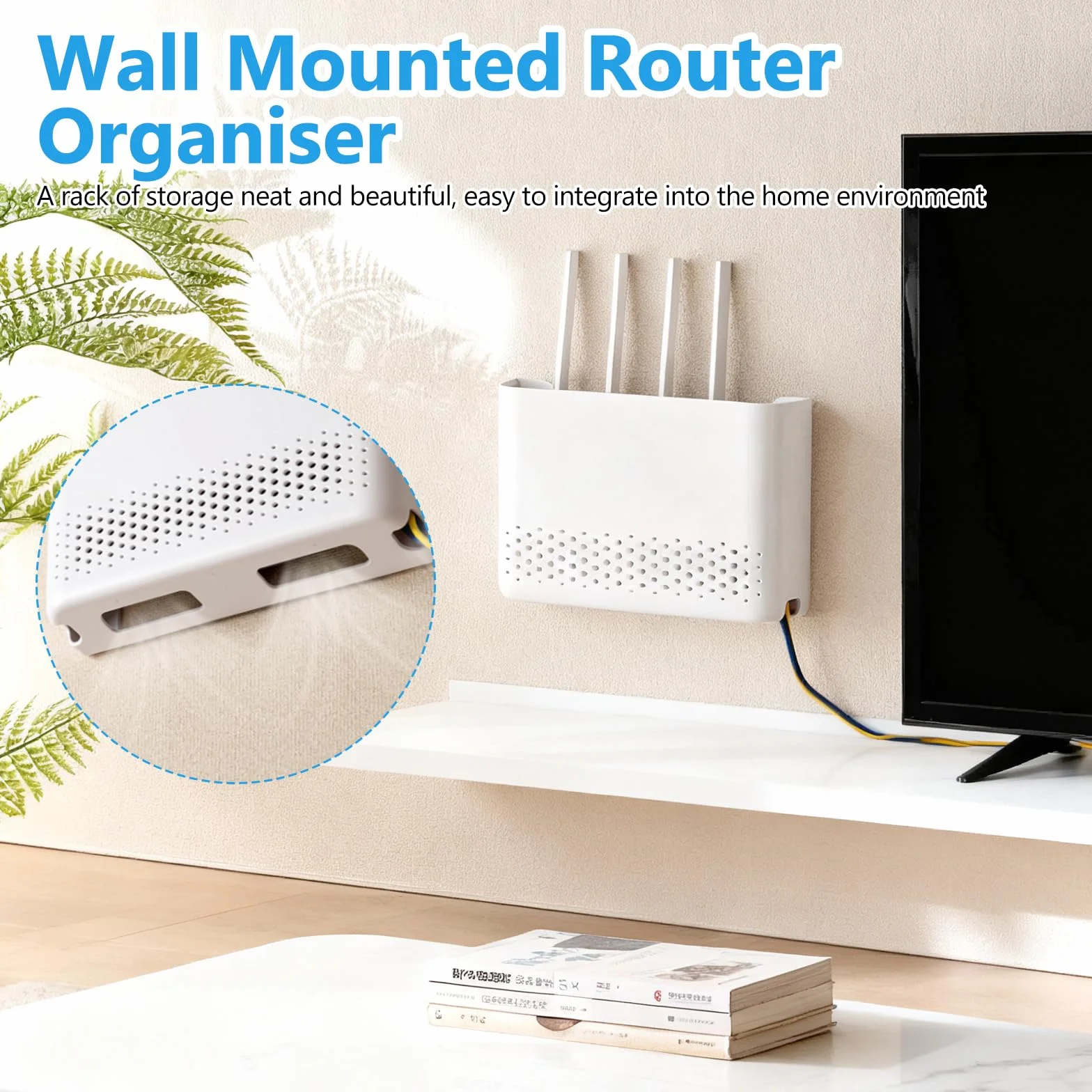 Szafka routerowa, ukryta skrzynka Wi-Fi 30 x 22 x 6,5 cm, uchwyt ścienny, stojak WiFi z klamrą klejącą i bezśladowym gwoździem, kolor biały