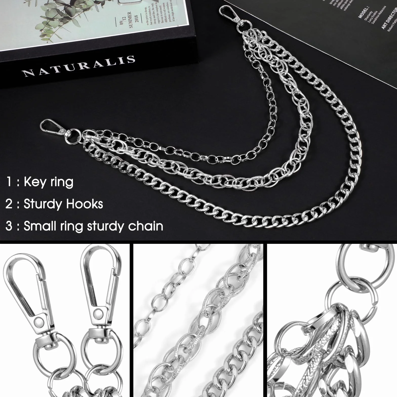 OOTSR Łańcuszek do spodni punkowy, gotycki, unisex, metal nieszlachetny, srebrny, 11*9*2CM, zapięcie na karabińczyk, dla kobiet i mężczyzn