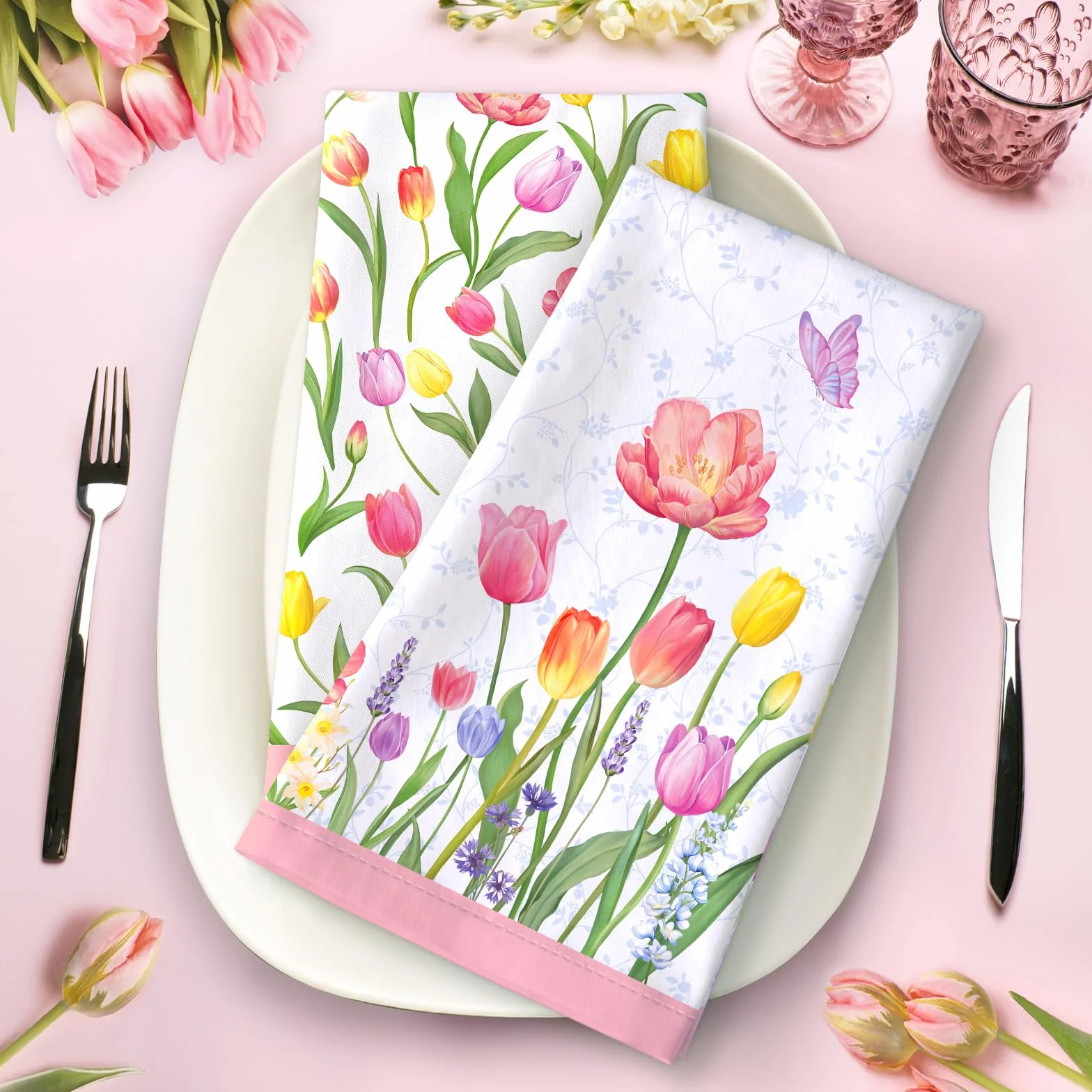 Ręczniki do naczyń wzorzyste na wiosnę i lato 4 szt. 48 × 70 cm, 100% bawełna, miękkie ręczniki kuchenne, ręczniki do rąk, wielokrotnego użytku, szybkoschnące ściereczki do naczyń do kuchni