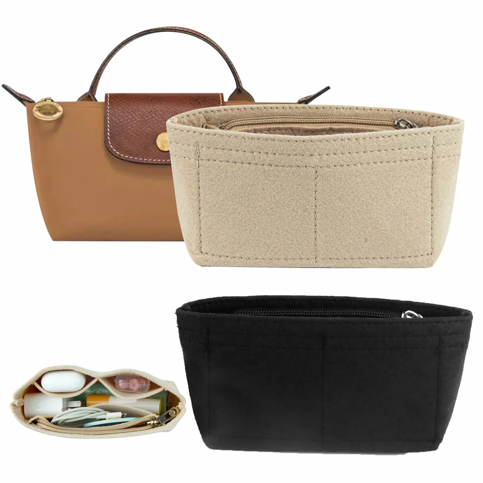 2 x organizer na mini torebki, kompatybilny z Longchamp, z wieloma kieszeniami, czarny i beżowy, 17 x 5 x 8 cm
