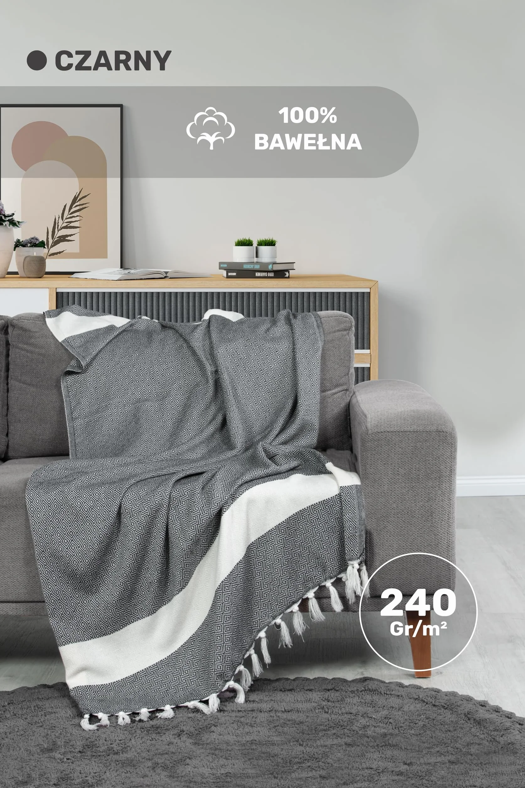 Ręcznik bawełniany plażowy 90x170 cm, 100% bawełna, duży ręcznik do sauny, Hammam, Pareo, narzuta, szybkoschnący i lekki, tradycyjny turecki peshtemal (czarny)
