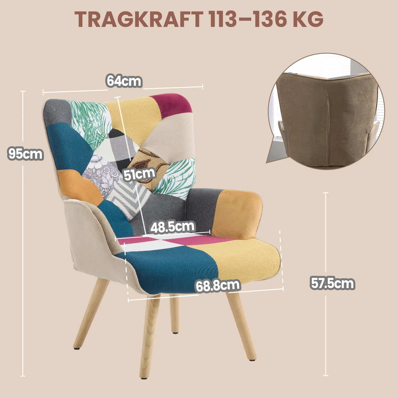 Fotel relaksacyjny lniany z nóżkami z litego drewna, uszami, wielokolorowy
