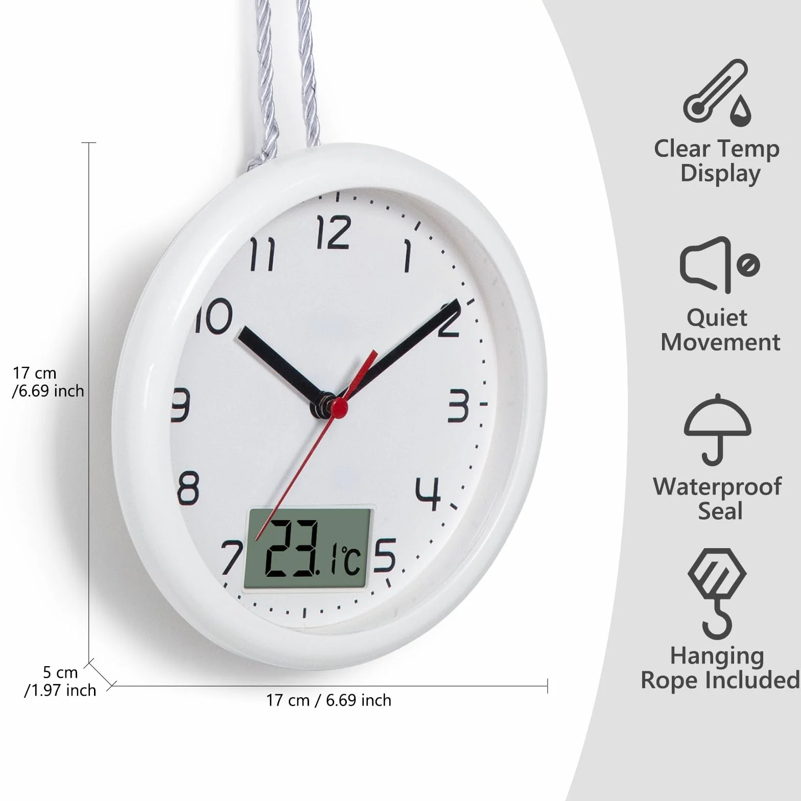 VIVILINEN Zegar łazienkowy ze wskaźnikiem temperatury, wodoodporny 17 cm
