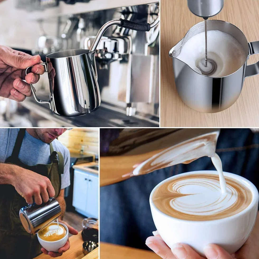 Dzbanek na mleko, 350 ml, ręczny spieniacz ze stali nierdzewnej, spieniacz do kawy, kubek ze znakiem pomiarowym, dzbanek na mleko pasuje do Barista Cappuccino Espresso