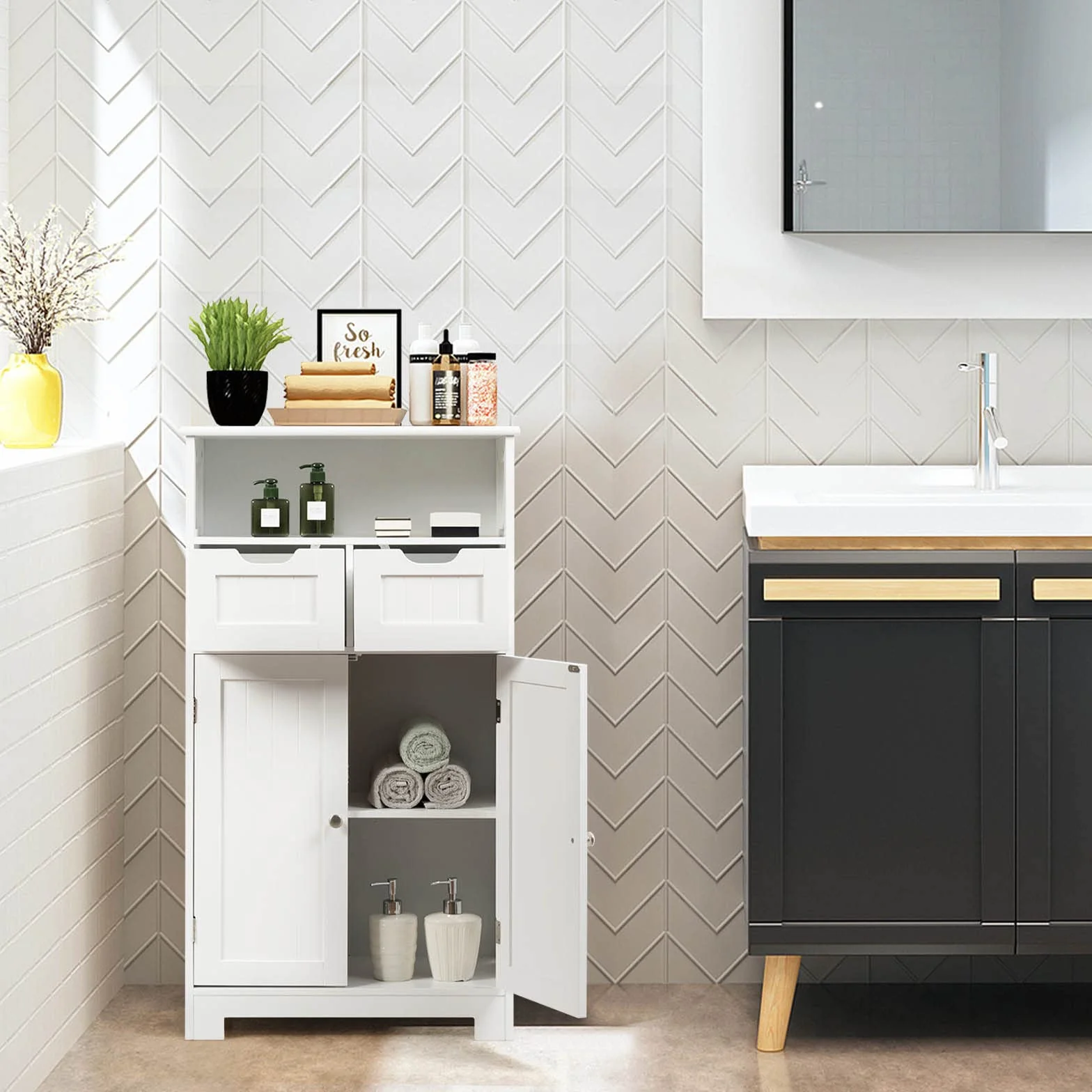 KOMFOTTEU Szafka łazienkowa 2 szuflady 2 szafki drzwiowe 60x30x109 cm MDF wolnostojąca biała