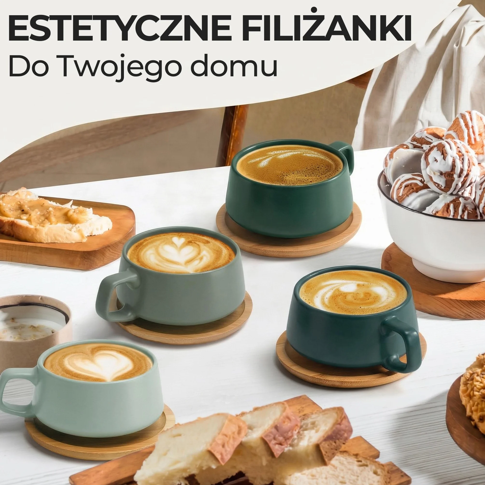 Filiżanki Ceramiczne 320 ml Zestaw 4 - Kubki do Kawy Herbaty Cappuccino z Spodkami Bambusowymi