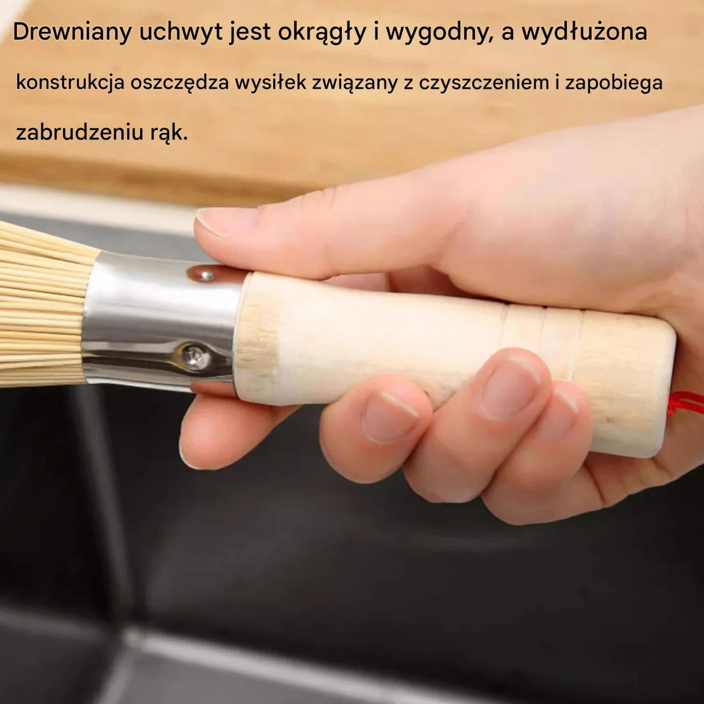 Wooden Kitchen Cleaning Brush for Wok, Non-Scratch Cast Iron Care Scrubber with Hangable Loop, 9.84 Inches