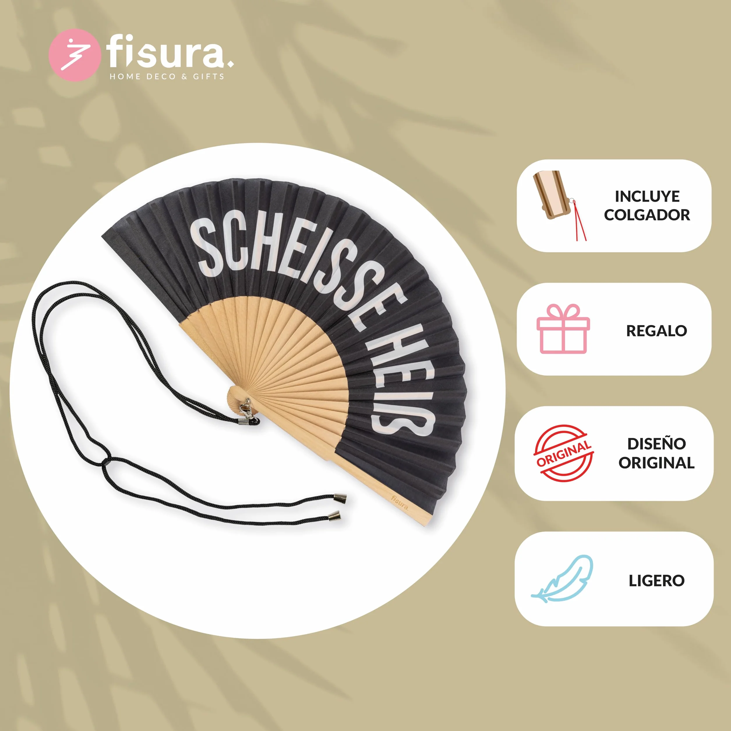 Fisura – Oryginalny wachlarz z napisem “s*heisse heir”. Nowoczesny i zabawny wachlarz z drewna. Wachlarz w kolorach czarnym i białym. Wachlarz z zawieszką. 42,5 x 23 cm.