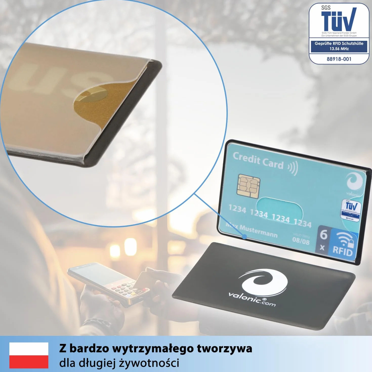 valonic RFID Blocker osłona ochronna - 6 sztuk - przetestowane przez TÜV - tworzywo sztuczne - przezroczyste - osłony ochronne NFC - osłona do kart kredytowych i kart EC