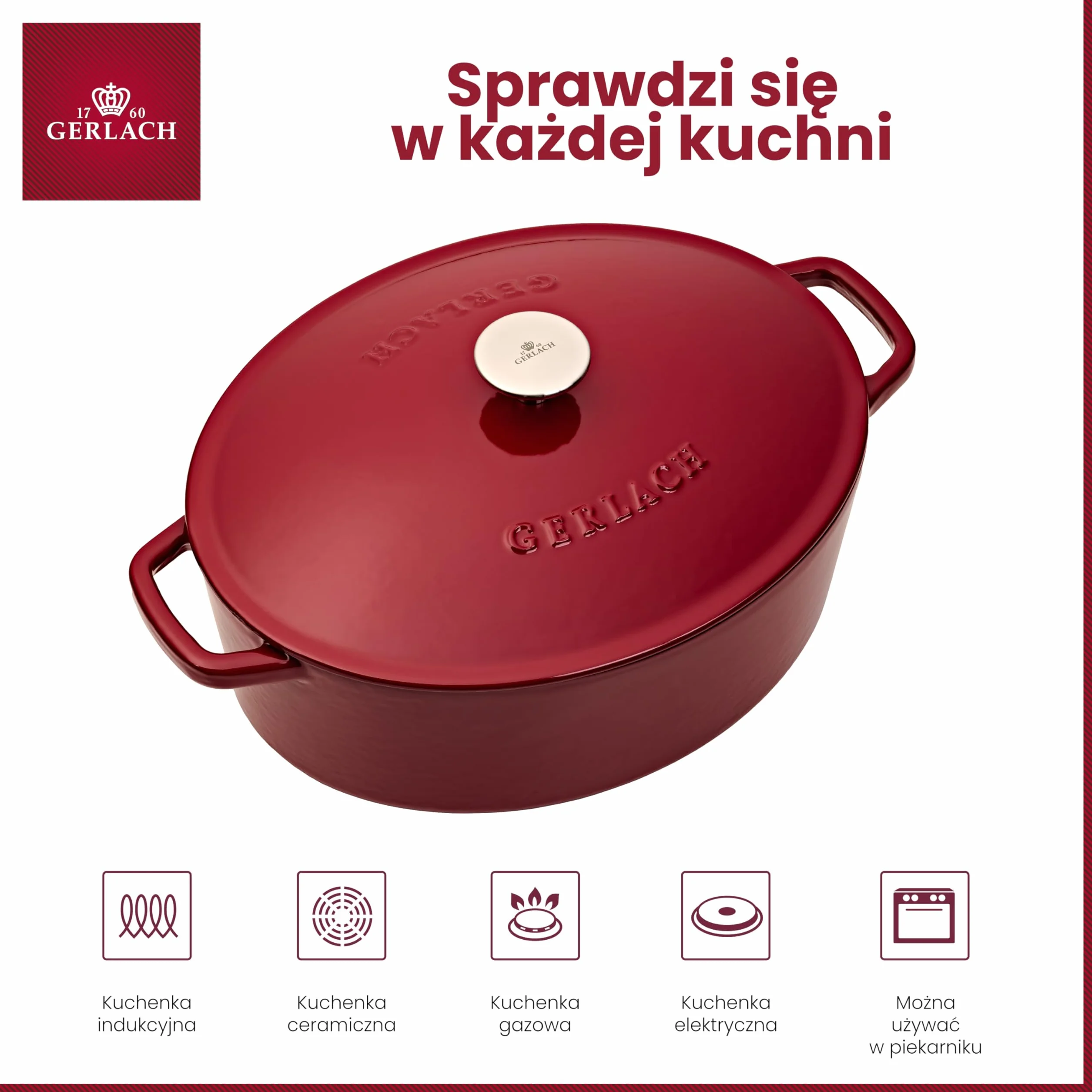 Gerlach 1760 Żeliwna Brytfanna Z Pokrywką Emaliowana 5,5 l Bordowy