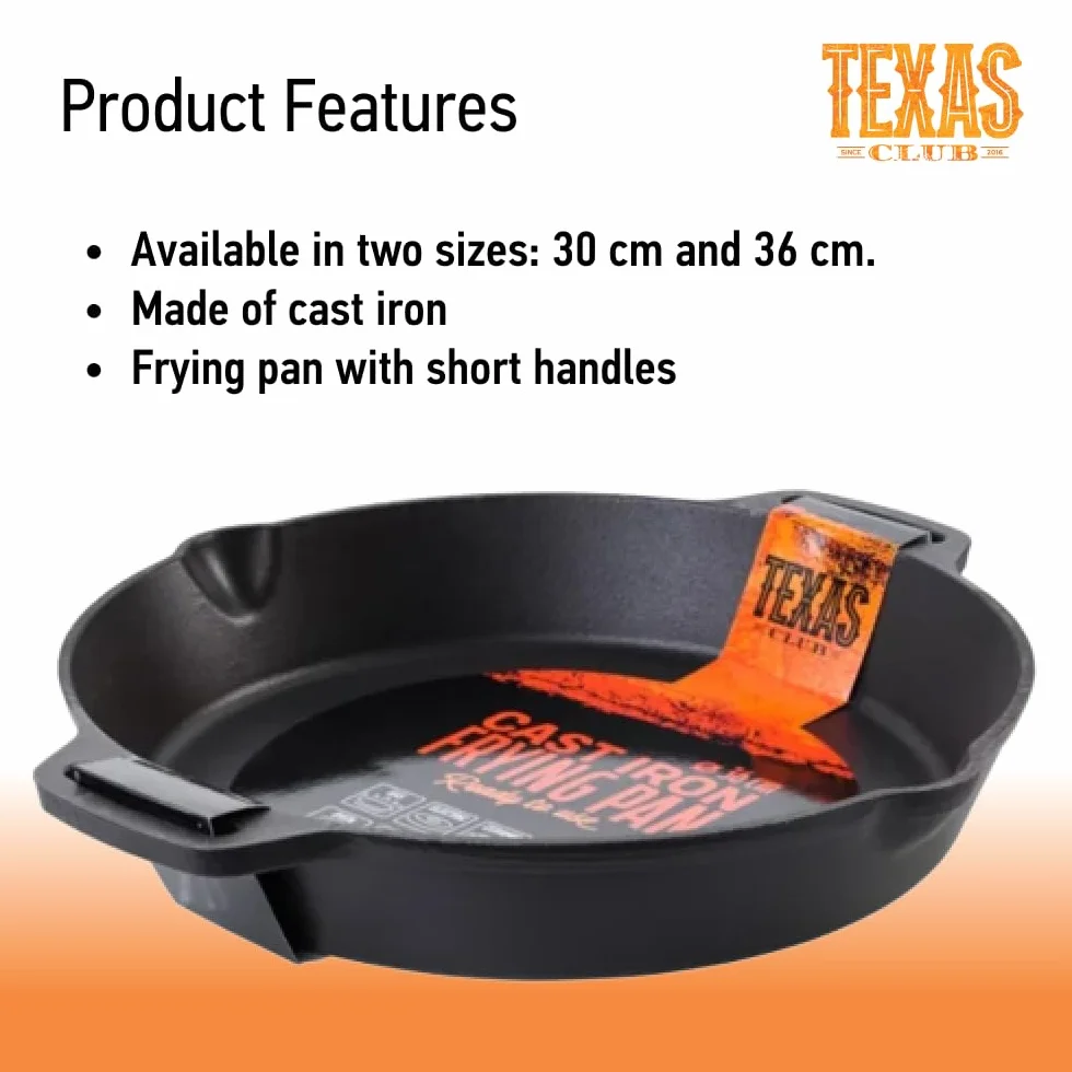 TEXAS CLUB Patelnia Żeliwna Okrągła Ø36cm do Smażenia Grilla z Krótkimi Uchwytami