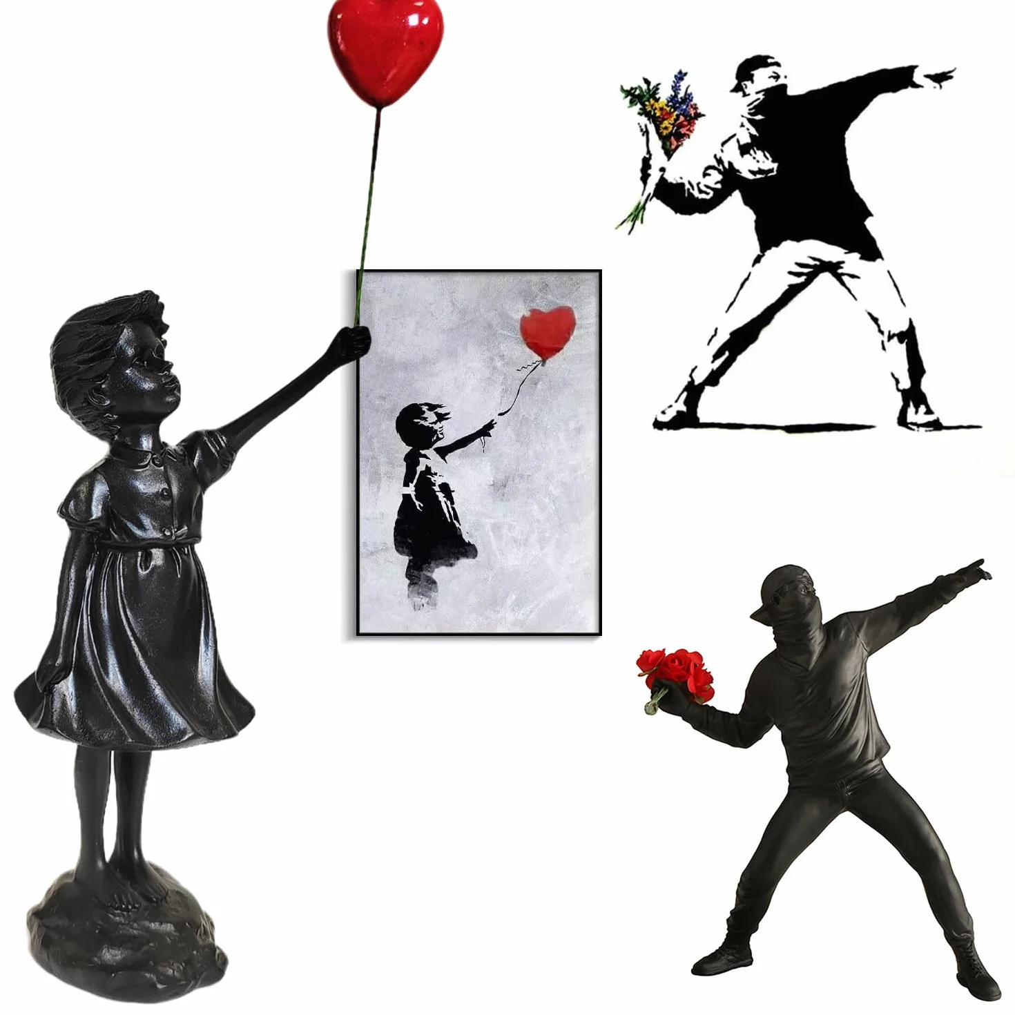 Banksy Figurka rzeźba, figurki dekoracyjne, figurka dziewczyny z balonów, dekoracja salonu, abstrakcyjna rzeźba, dekoracja sklepu domowego, nowoczesne ozdoby do salonu (czarna)