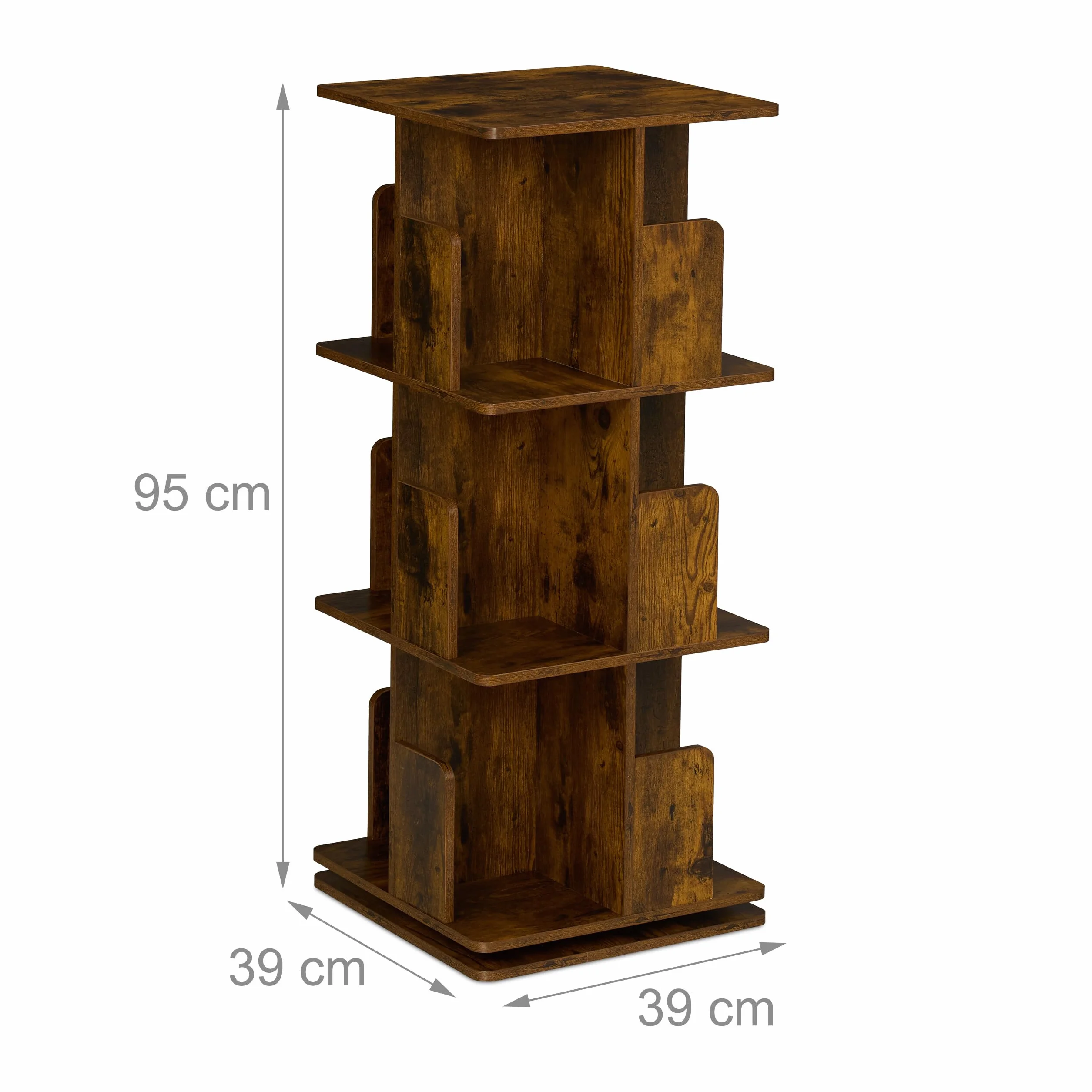 Relaxdays Regał obrotowy 360 stopni 3 poziomy 95x39x39 cm brązowy stal płyta pilśniowa