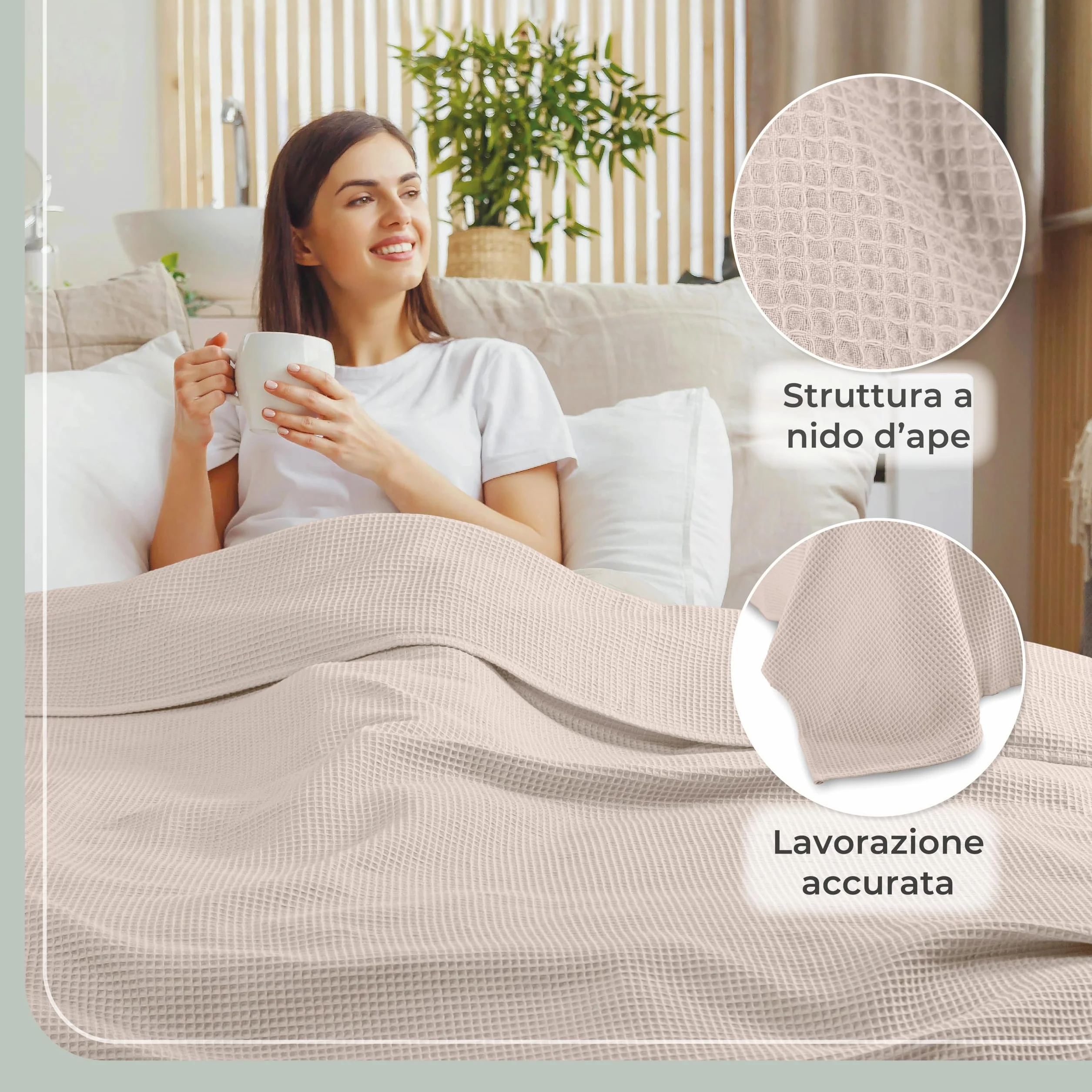 LAYNENBURG Narzuta klasy premium, 220 x 240 cm (rozmiar XXL), 100% bawełny o strukturze waflowej, lekka narzuta na łóżko, sofę, beżowa