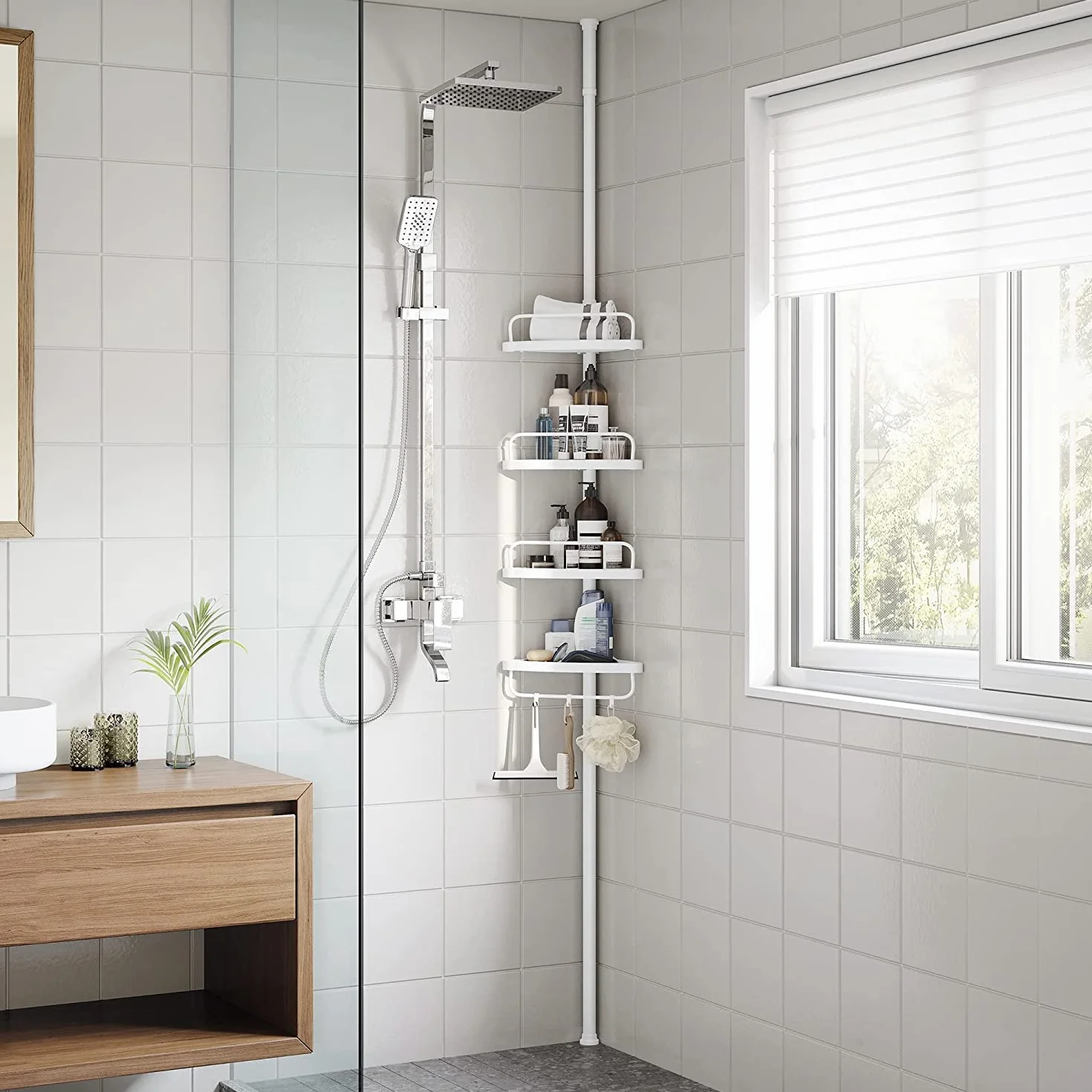 SONGMICS Półka pod prysznic, 85-305 cm regulowana wysokość, półka łazienkowa z 4 półkami, narożnik prysznicowy, bez wiercenia, biała BCB001A