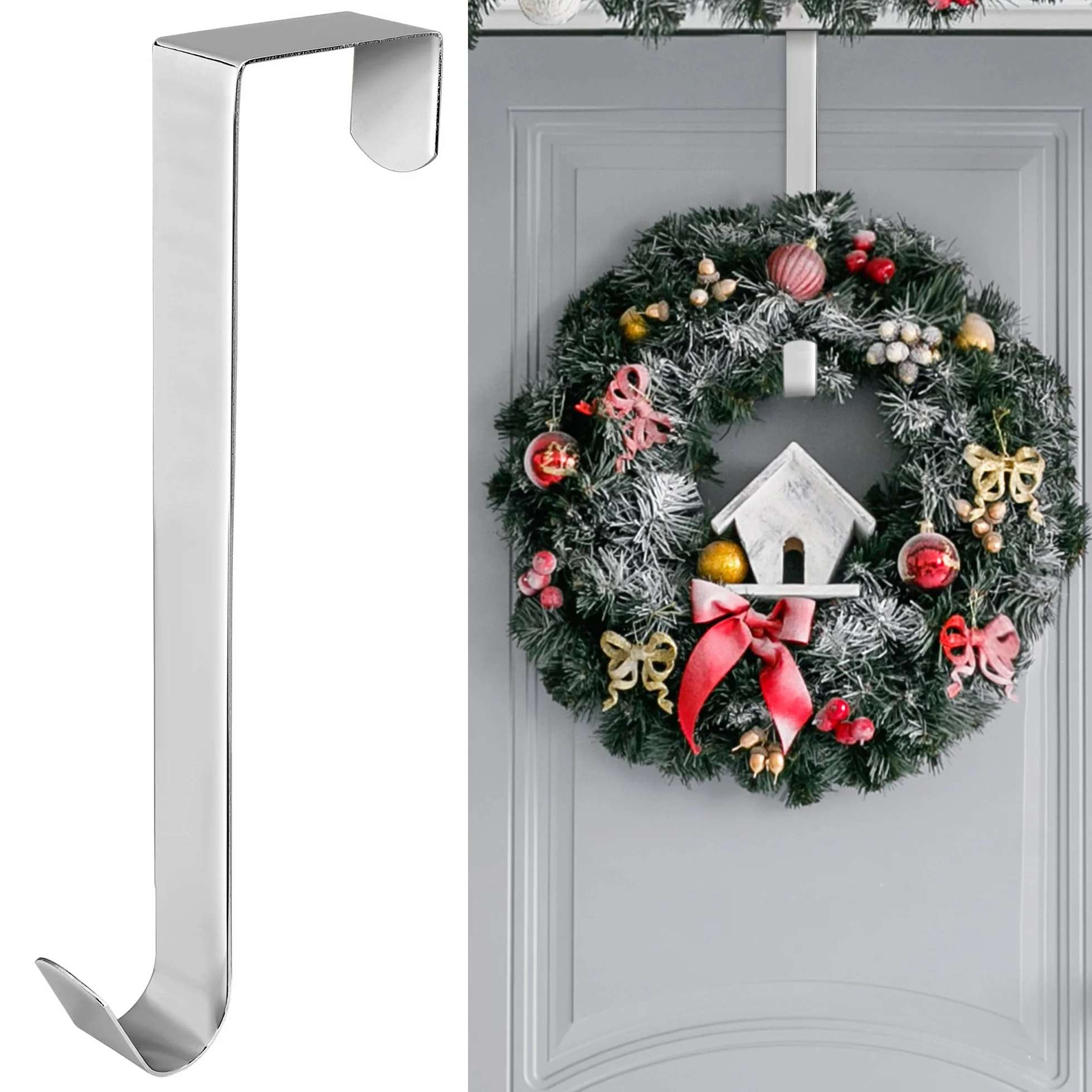 Aodaer 30 cm srebrny wieniec bożonarodzeniowy wieszak na drzwi metalowy wieniec hak antypoślizgowe świąteczne wiszące haczyki na imprezę Boże Narodzenie wakacje dekoracja domu