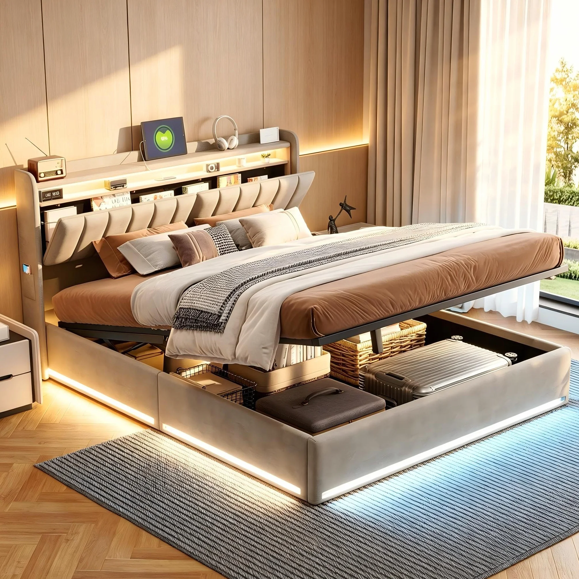 Tapicerowane łóżko podwójne 160x200 cm z oświetleniem LED i ładowaniem USB, hydrauliczne z pudełkiem do przechowywania, szary