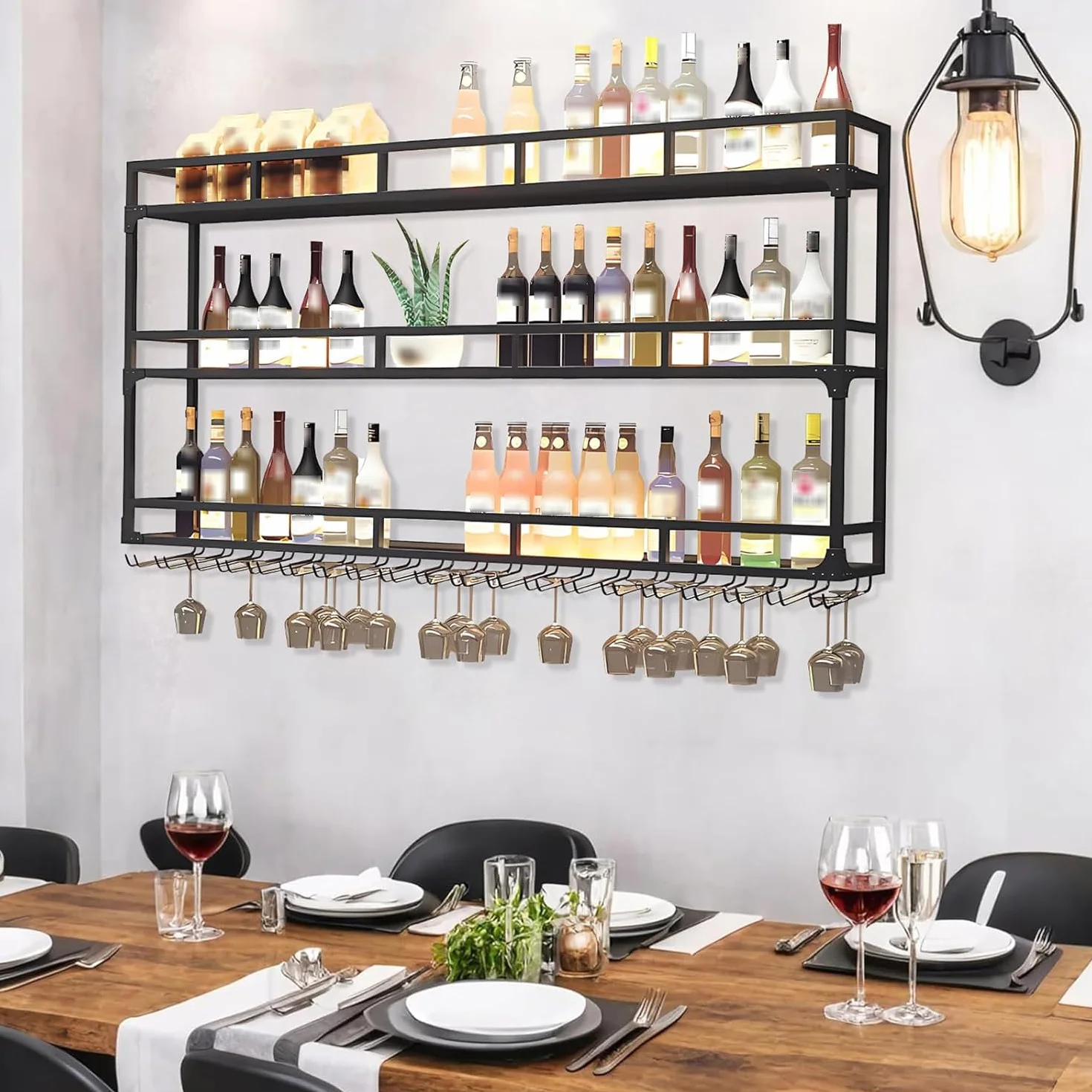 3 Poziomów Stojak na wino, Uchwyt na kieliszki do wina na ścianę, uchwyt na kieliszki, z półką przechowywania butelek, odpowiedni do baru, restauracji, kuchni (Czarny, 150cm)