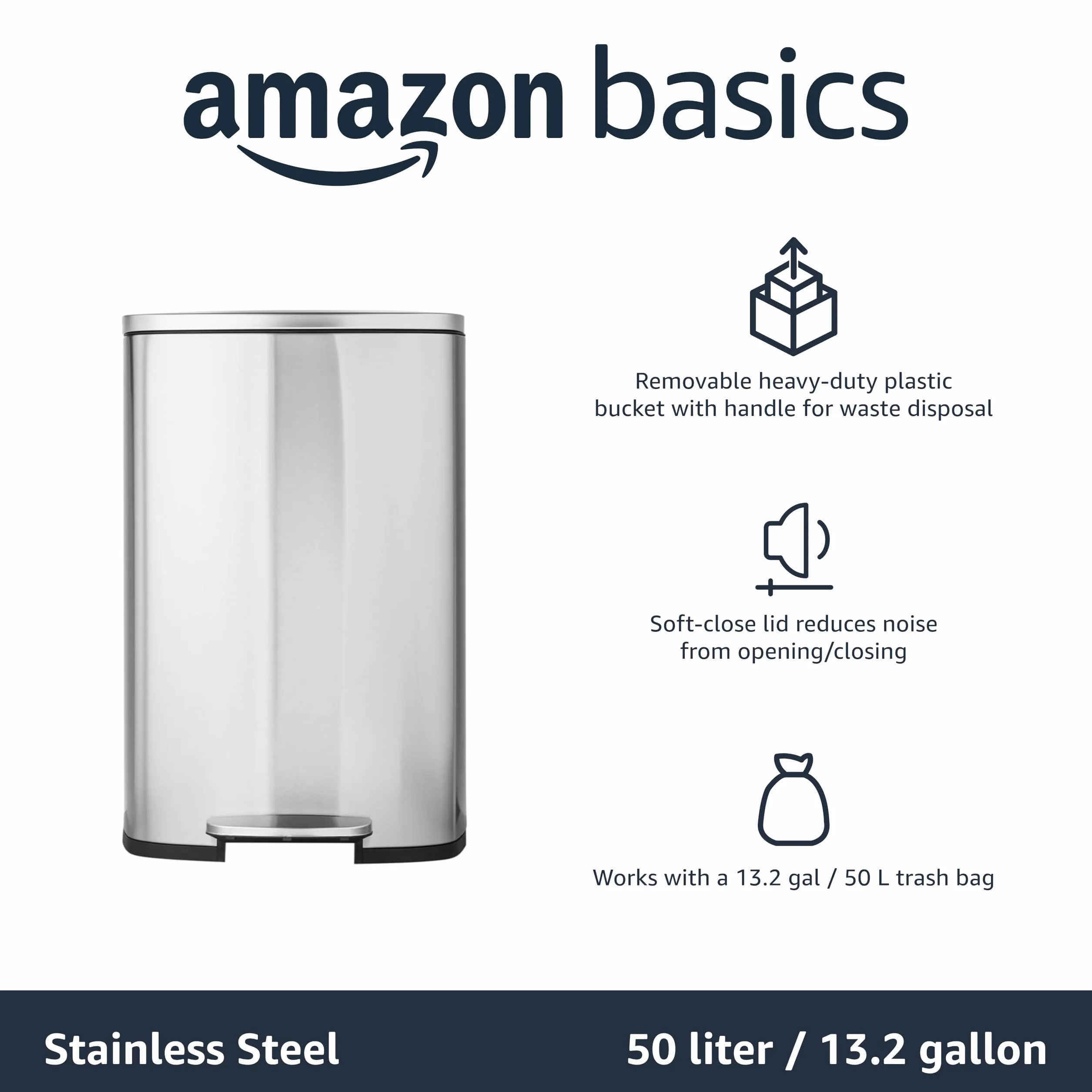 Amazon Basics Kosz na śmieci z pedałem nożnym 50L szczotkowana stal nierdzewna