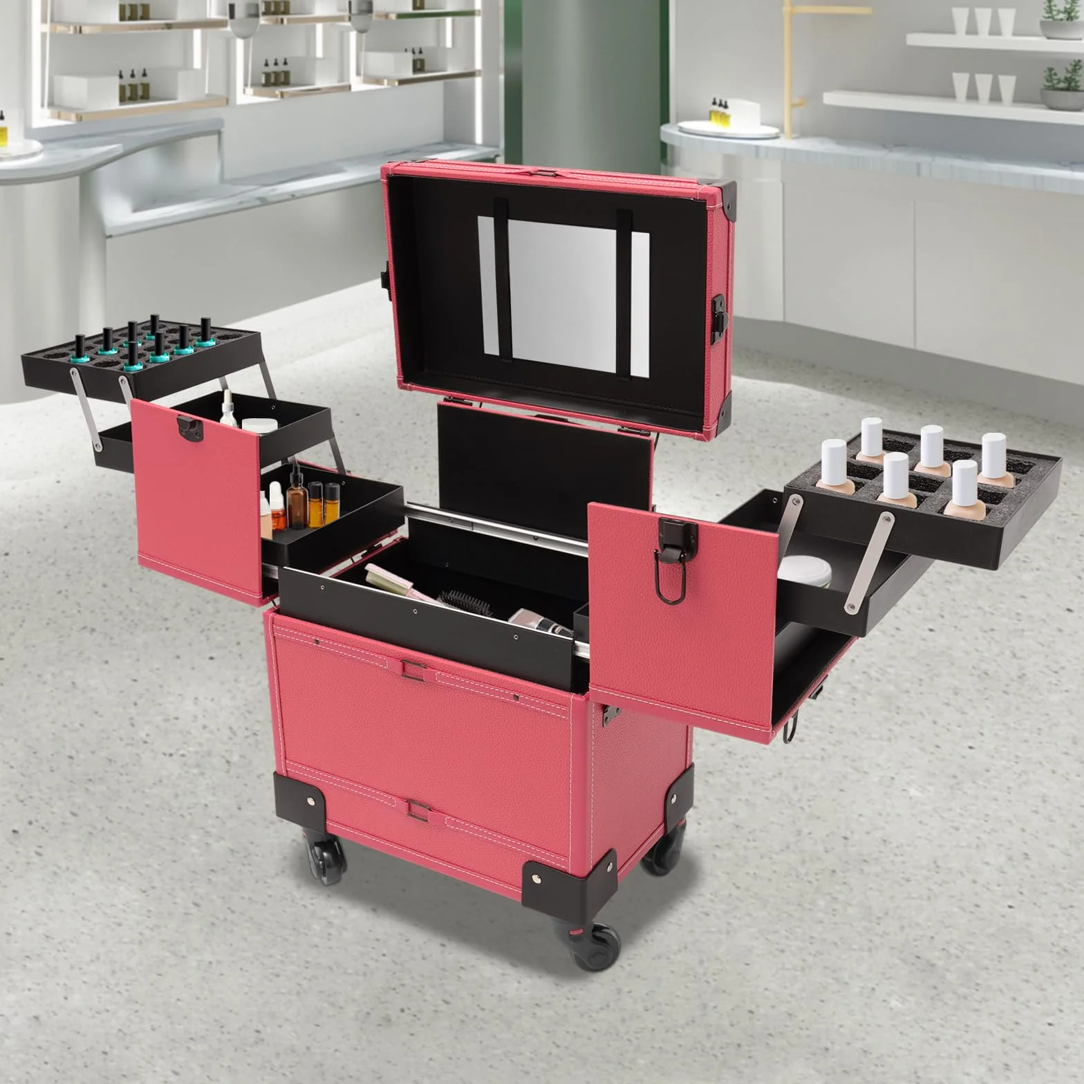 Rolowany zestaw do makijażu z szyną, 4 tace, zwijany produkt do makijażu z szufladą, walizka podróżna do makijażu, tatuażu, Nail Tech, Rosa, Nowoczesny