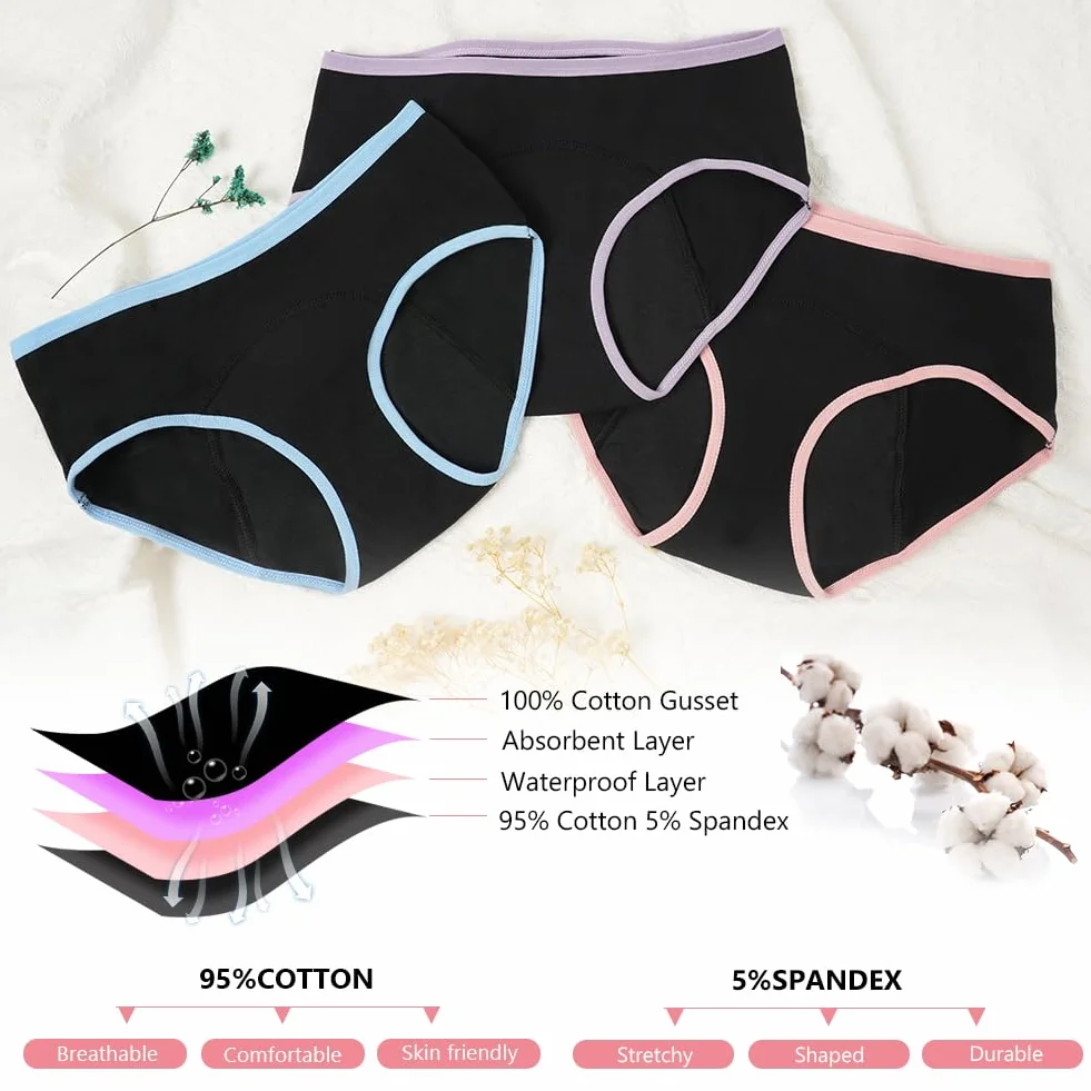 HOTUT majtek bawełnianych dziewczęcych, 3 sztuk menstruacyjne majtki, Bielizna okresowa dziewczęca, szczelna, miękka, oddychająca, wygodna bielizna bawełniana dla dziewczynek w wieku 10-16 lat