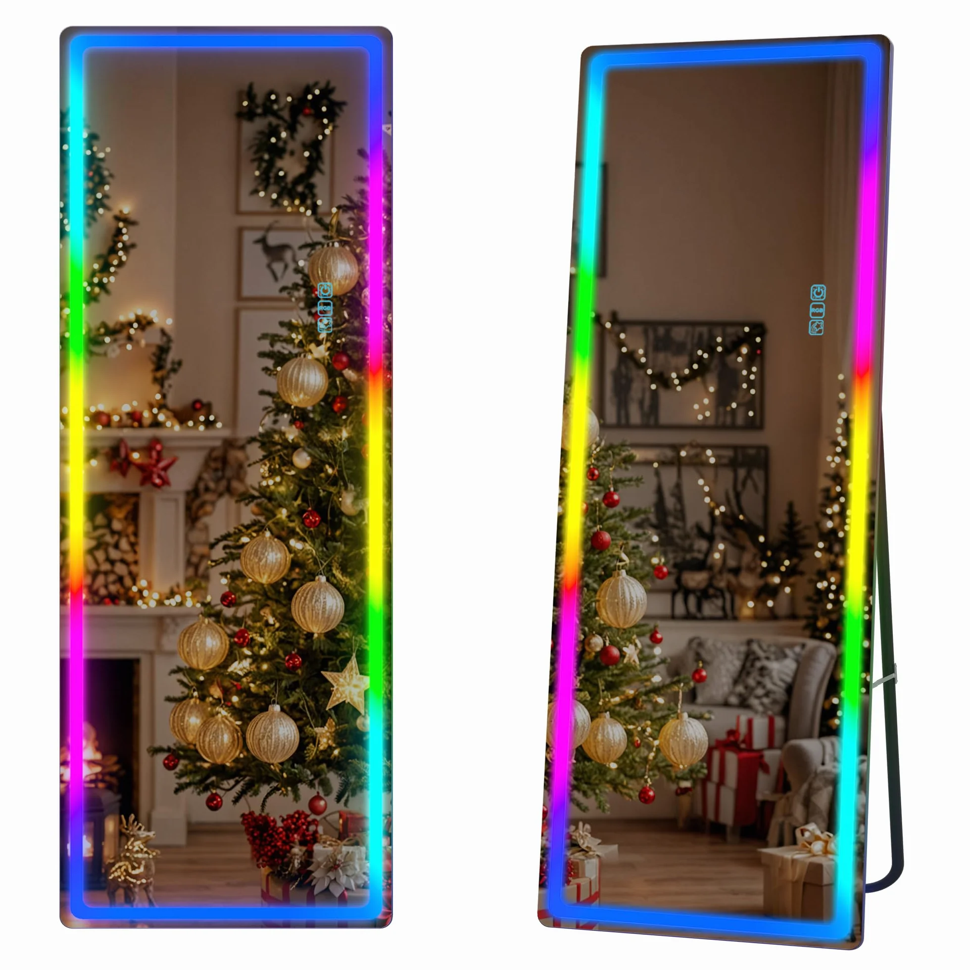 LVSOMT Lustro pełnowymiarowe RGB z oświetleniem, 153 x 50 cm, lustro stojące pełnowymiarowe bez ramy, duże lustro ścienne LED do sypialni, salonu, 7 trybów dynamicznych i 7 kolorów światła, czarne