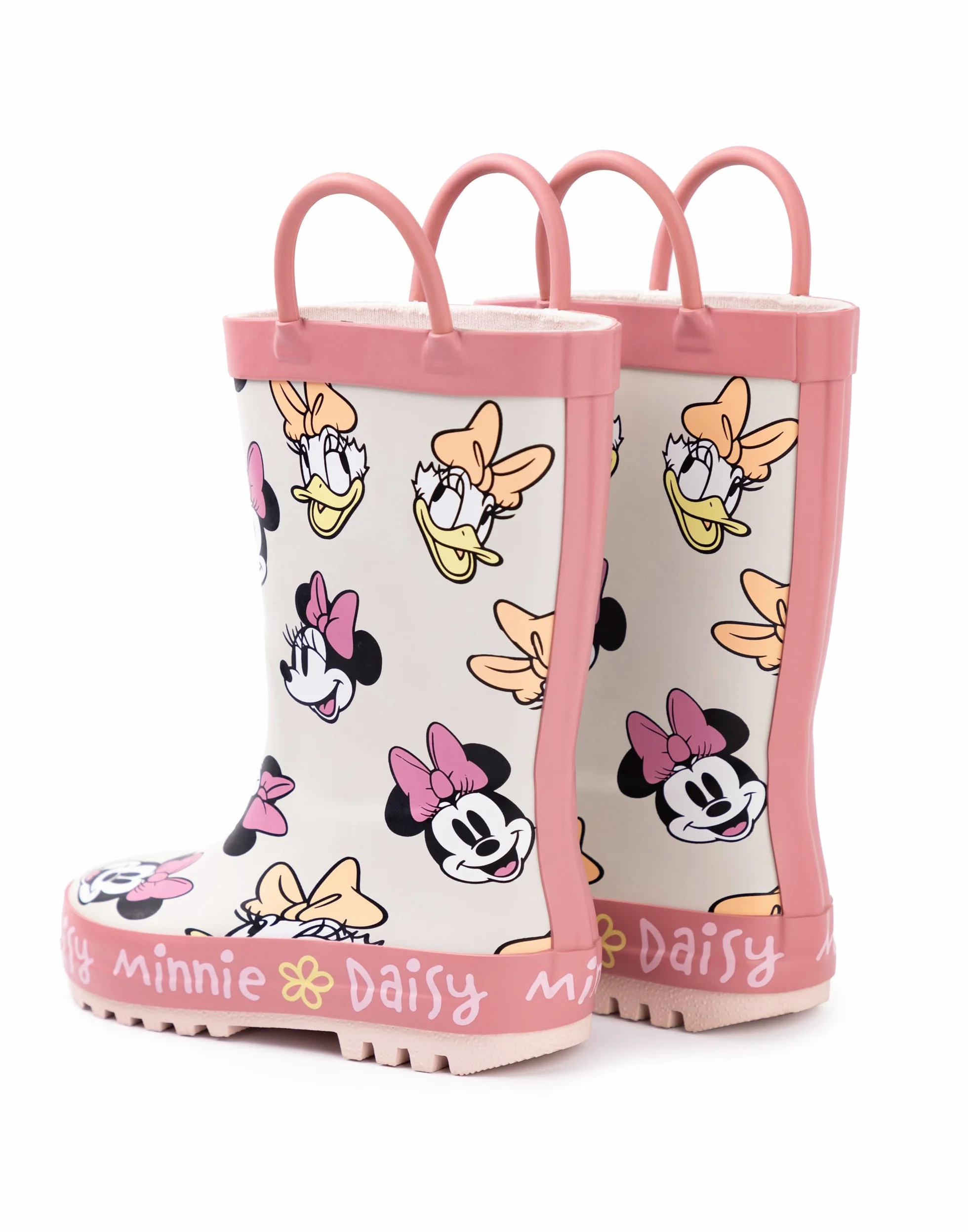 Disney Dziewczynki kalosze z myszką Minnie | Dziecięce kalosze z uchwytem Minnie i Daisy z nadrukiem na całej powierzchni w kolorze beżowym i różowym, wodoodporne, łatwe do wciągania gumowe buty dla