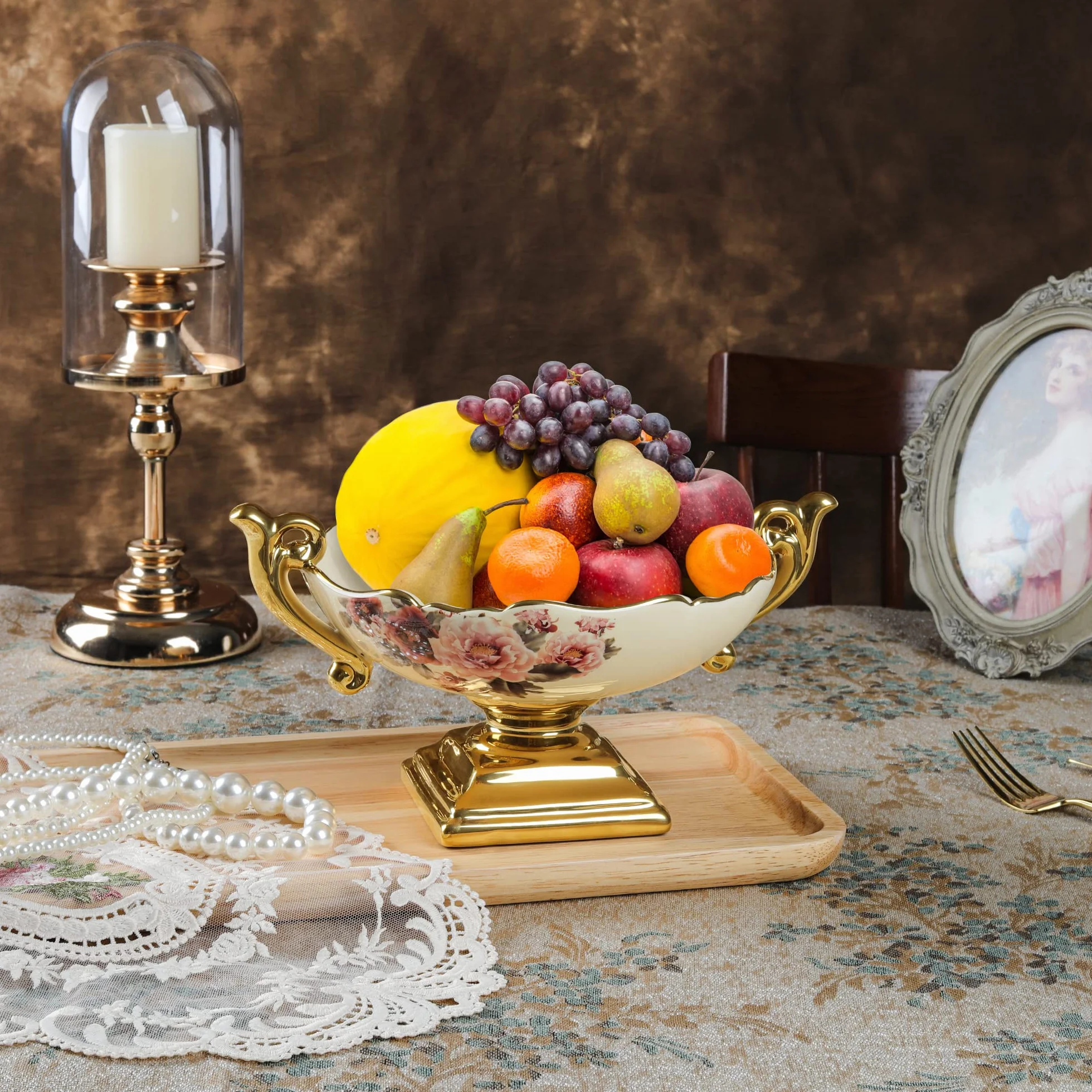 fanquare Dekorowane kwiatami porcelanowa miska z uchwytem, vintage salaterka, ceramiczna miska na owoce na nóżce na imprezy