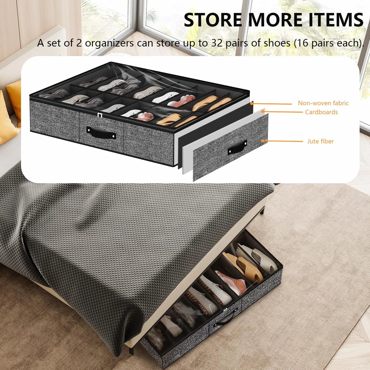 Organizer na buty składany 32 przegródki 95x60x15 cm czarny