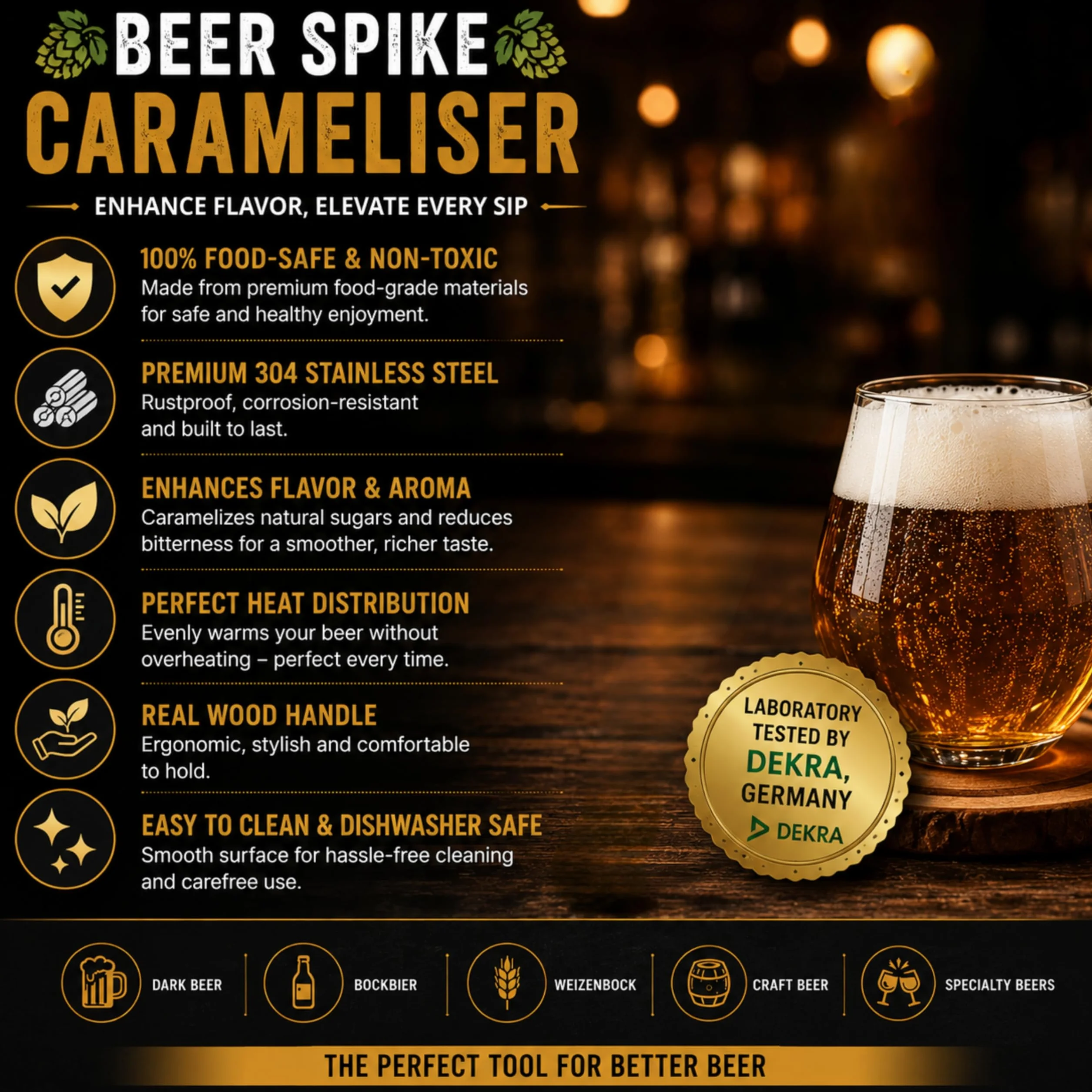 Bierstachel Beerspike Beer Caramelizer karmelizator piwa, podgrzewacz z drewnianą rączką, stal nierdzewna