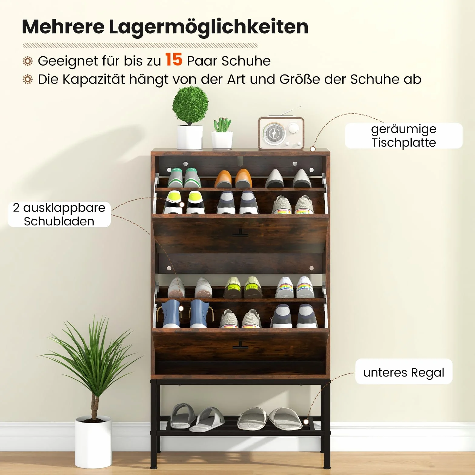 GOPLUS Szafka na buty z 2 klapami, uchylna, 4 półki, metalowy dolny regał, rustykalny