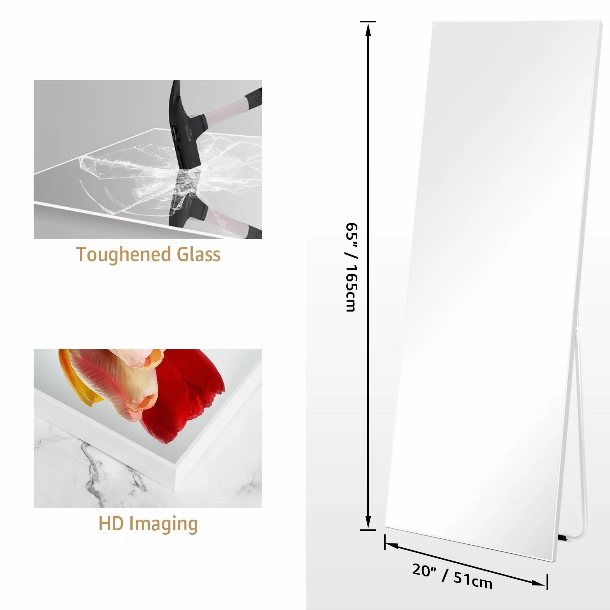 RLAVBL Lustro stojące na całej długości 165 x 51 cm, duże lustro ścienne w kolorze białym, nadaje się do łazienki, salonu, sypialni i przedpokoju.