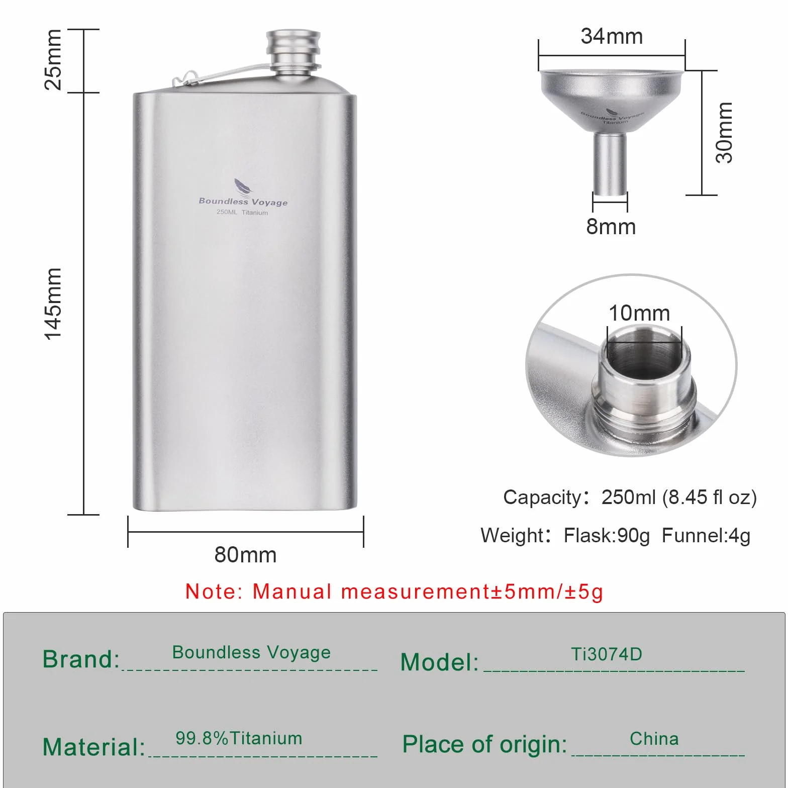 Boundless Voyage Titanium Kolba Butelka Ultralight Szczelna 250 ml/8.45 floz D-Ti3074D
