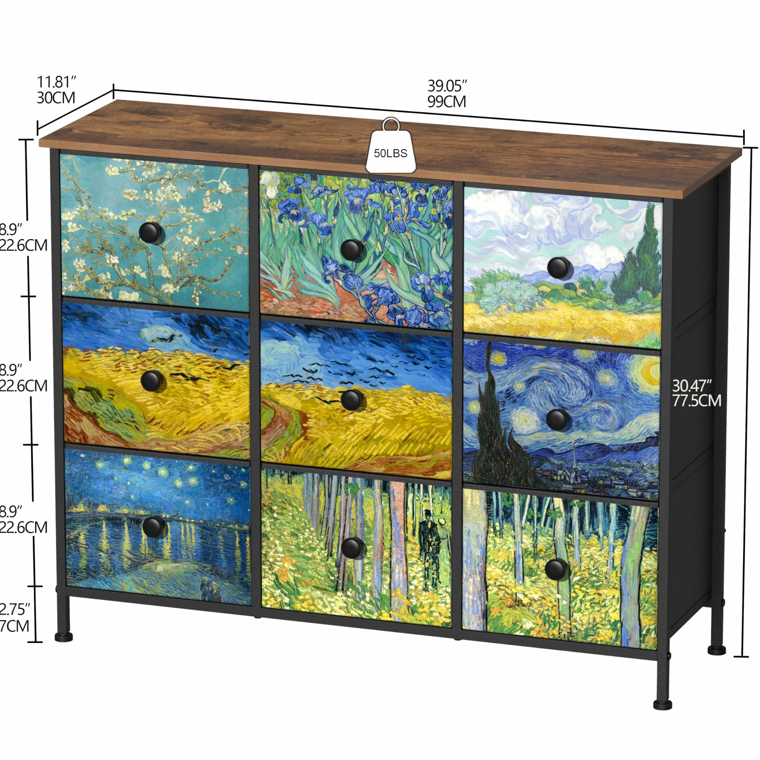 VEDECASA Van Gogh komoda z szufladami, 9 szuflad z materiału, z uchwytami, do szafy, salonu, pokoju dziecięcego, metalowa rama, płyta drewniana, komoda z materiału