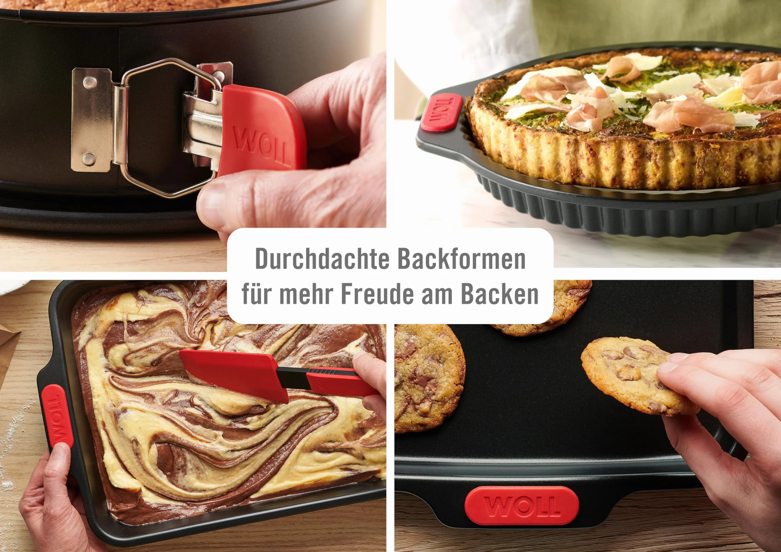 Woll Bakeware forma do pieczenia 28 cm, z odpornymi na wysokie temperatury uchwytami silikonowymi do 230°C, bez PFS, dwuwarstwowa powłoka nieprzywierająca, stal aluminiowana, czarna