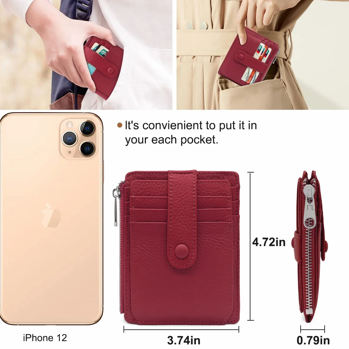 REETEE Portfel damski i męski, mały, z prawdziwej skóry, etui na karty, ochrona RFID, kieszeń na monety, 14 przegródek na karty, Slim Wallet na prezent, czerwony (Weinrot), M, minimalizm