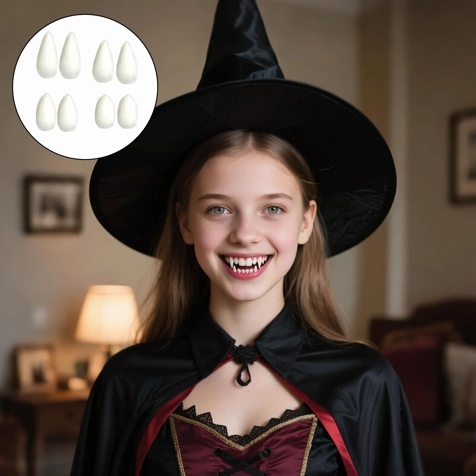 4 pary zębów wampira, Halloween sztuczne zęby wampira, protezy zębowe z klejem w granulkach, 4 rozmiary kłów dla demonów Cosplay, rekwizyty na Halloween, imprezę, kostium