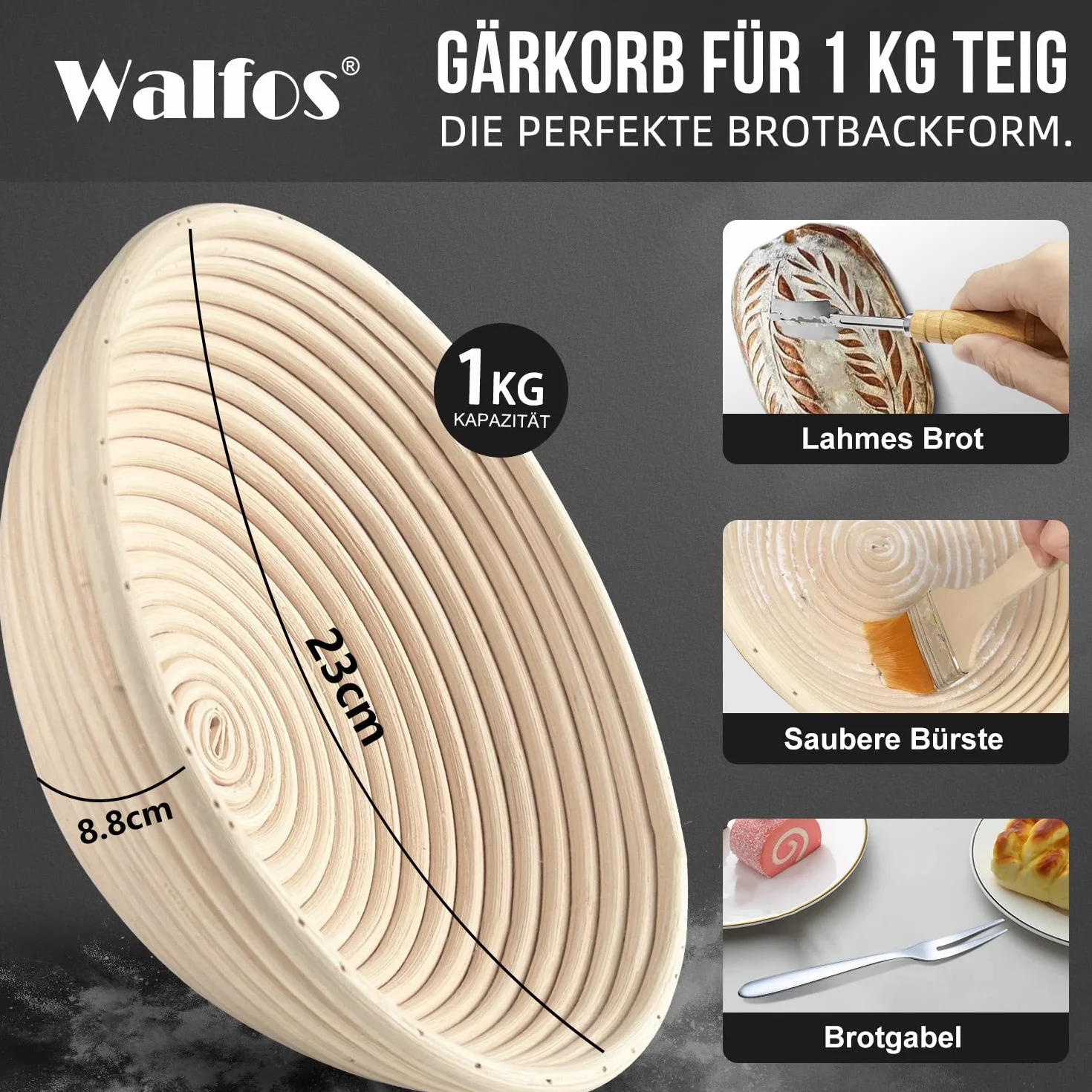 Walfos okrągły koszyk do pieczenia chleba rattan 23 cm z nożem piekarskim