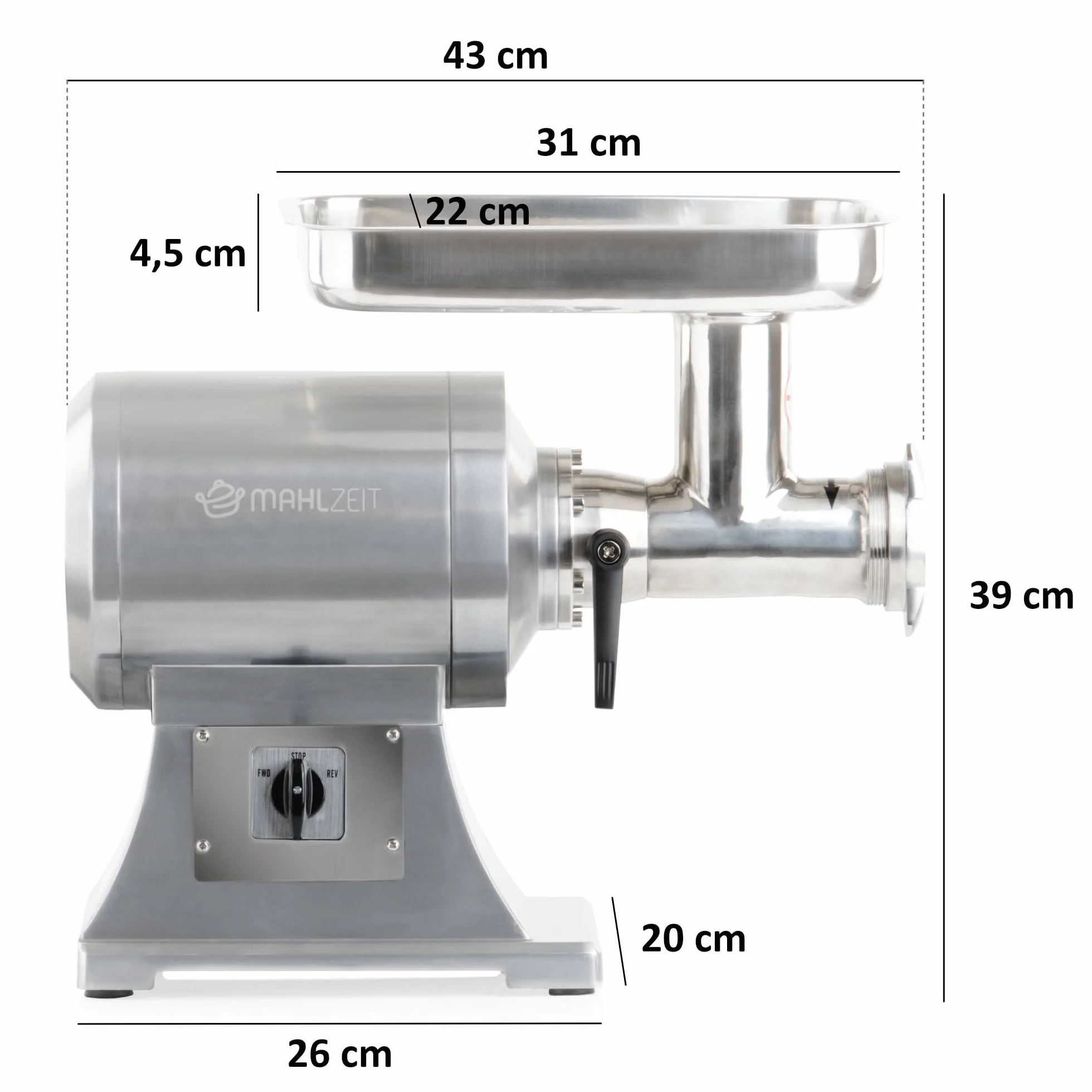 Mahlzeit Elektryczna maszynka do mielenia mięsa ze stali nierdzewnej, srebrna, 450 W - 75 kg/h | Maszyna do mielenia mięsa z wypełniaczem do kiełbasy Cutter