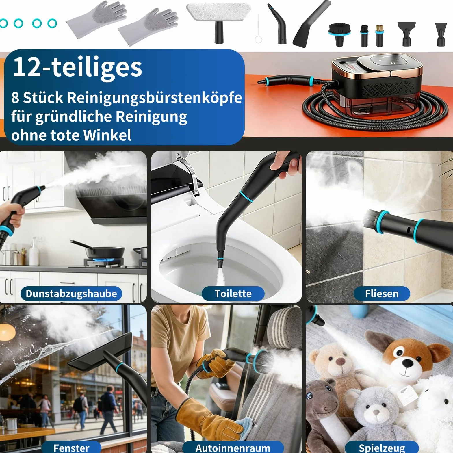 Myjka parowa, 2500W Ręczna Myjka Parowa z 6 Prędkościami Regulacji, 8 Rodzajów Dysz, 1250ml Zbiornik, 15 s Czas Podgrzewania Przenośna Myjka Parowa Wysokociśnieniowa do Samochodu Domu Biura (Zwart 2)